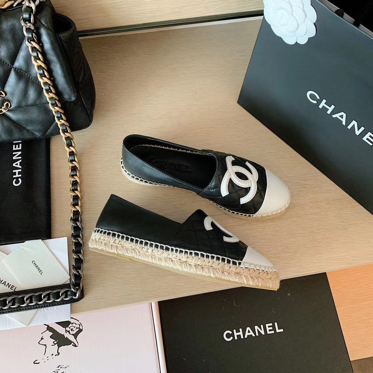 Chanel Quilted Espadrilles Lambskin Leather Spring/Summer Collection Black/White