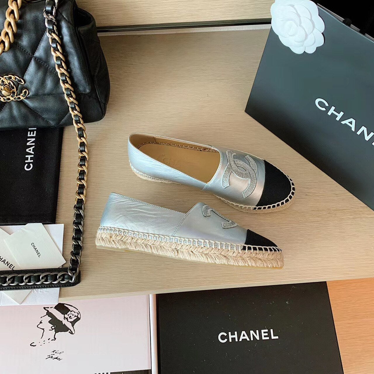Chanel Espadrilles Shiny Lambskin Leather Spring/Summer Collection Silver/Black