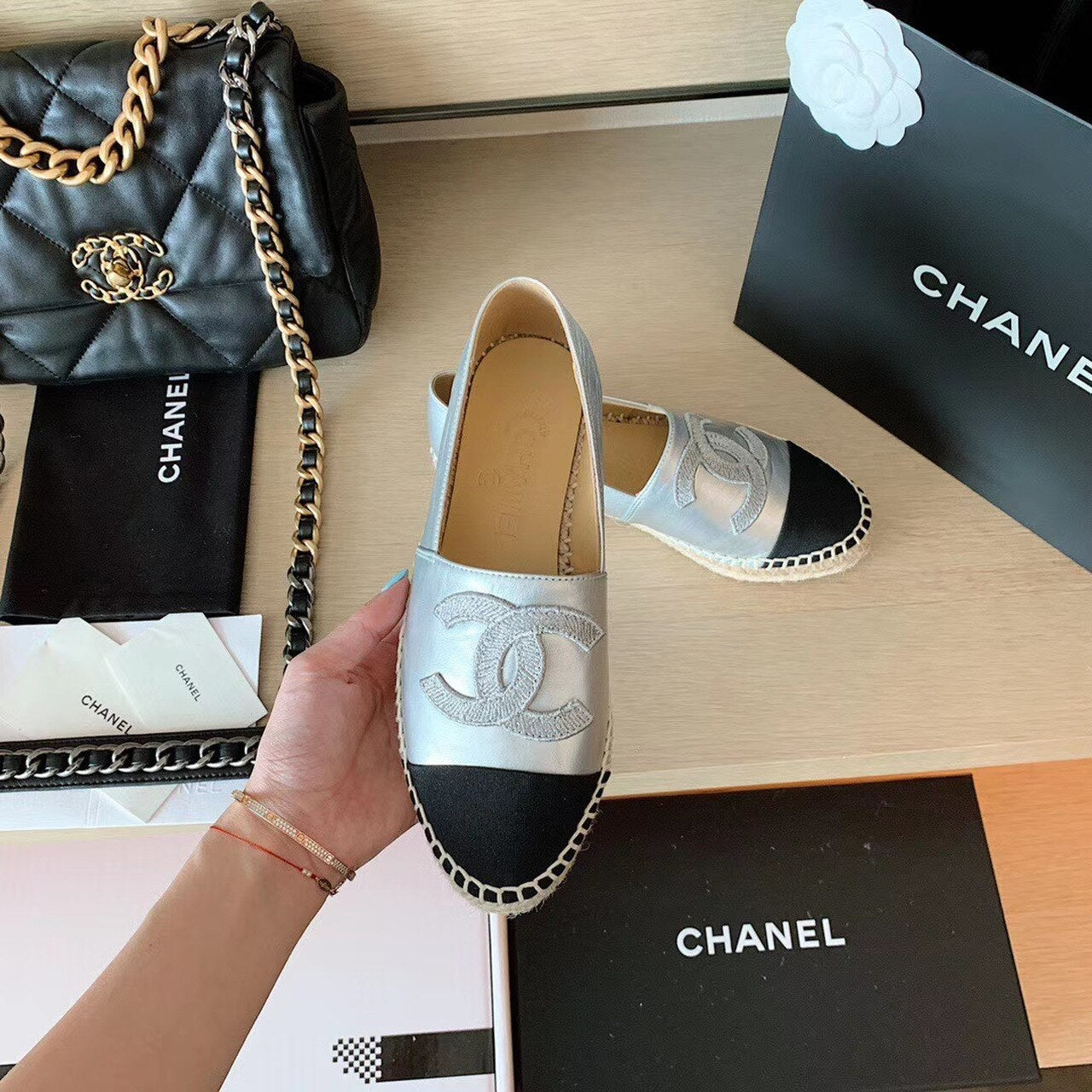 Chanel Espadrilles Shiny Lambskin Leather Spring/Summer Collection Silver/Black