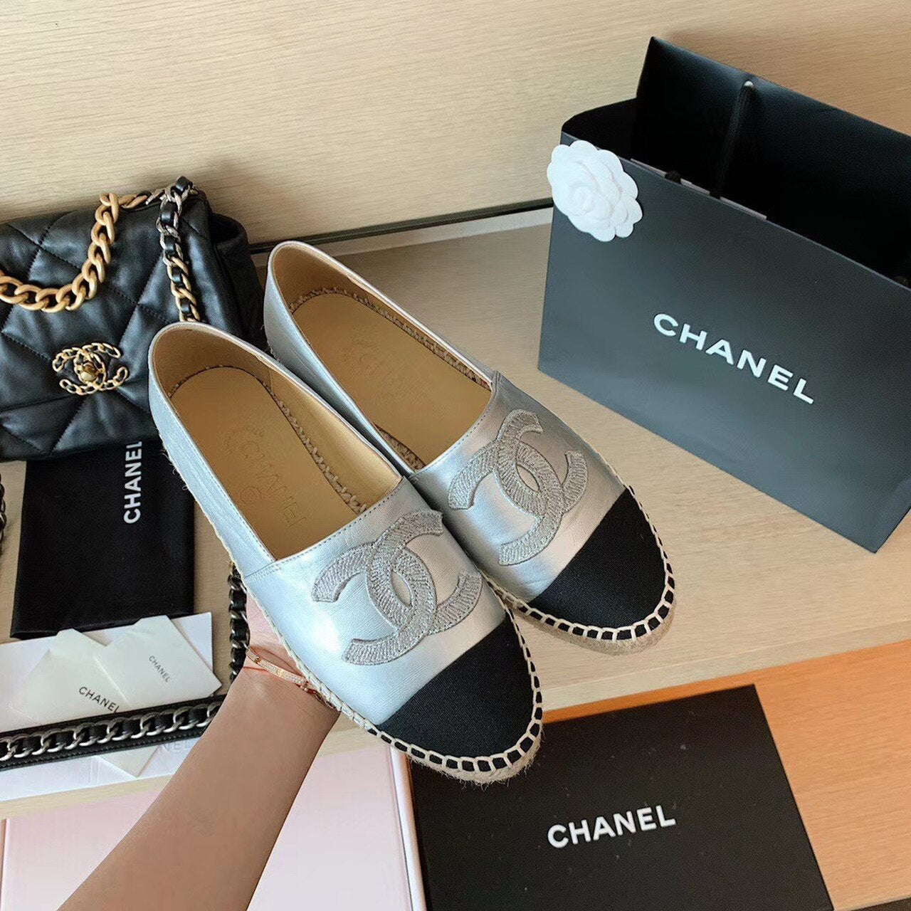 Chanel Espadrilles Shiny Lambskin Leather Spring/Summer Collection Silver/Black