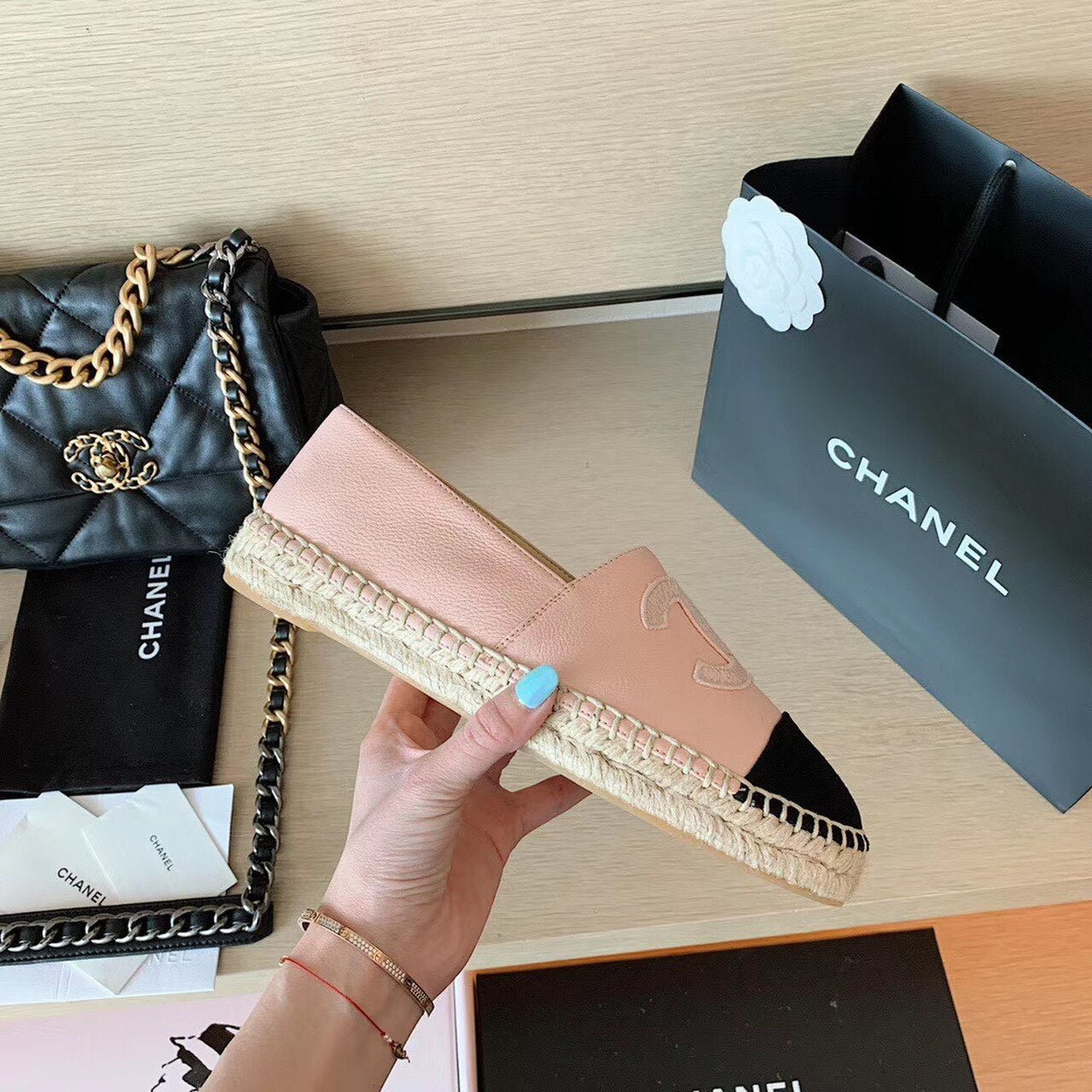 Chanel Espadrilles Shiny Lambskin Leather Spring/Summer Collection Blush/Black