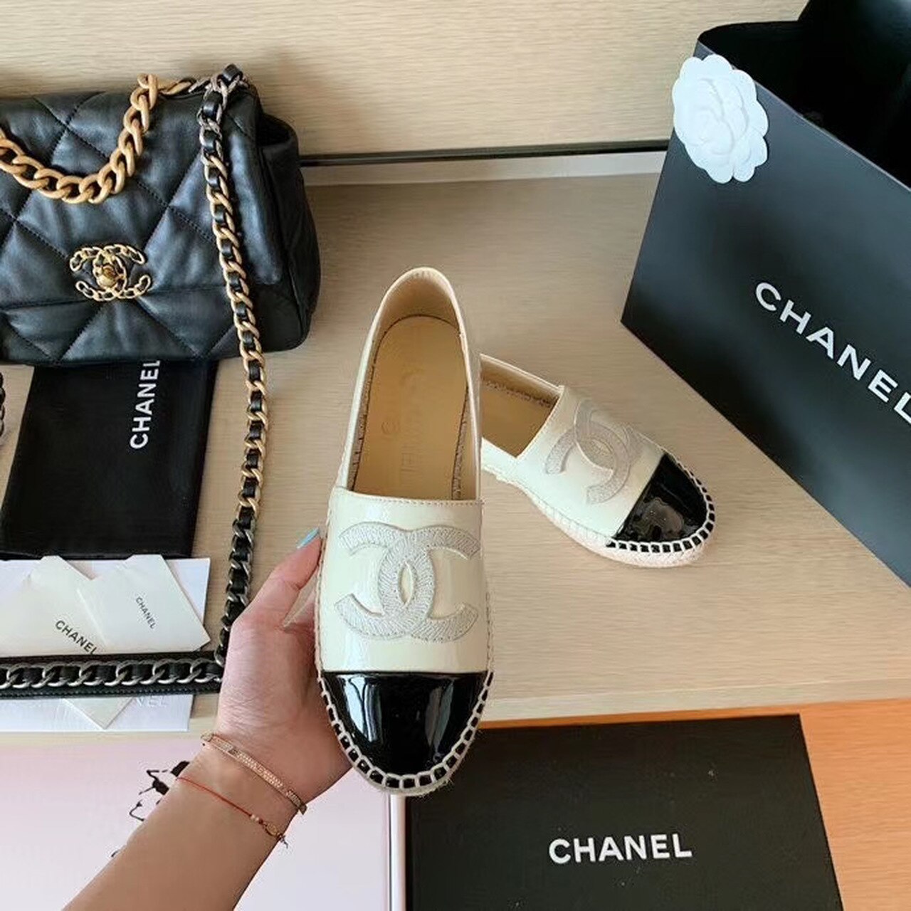 Chanel Espadrilles Shiny Lambskin Leather Spring/Summer Collection Ivory/Black