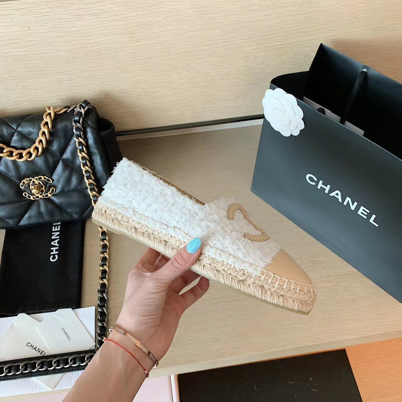 Chanel Tweed Espadrilles Lambskin Leather Spring/Summer Collection White/Beige