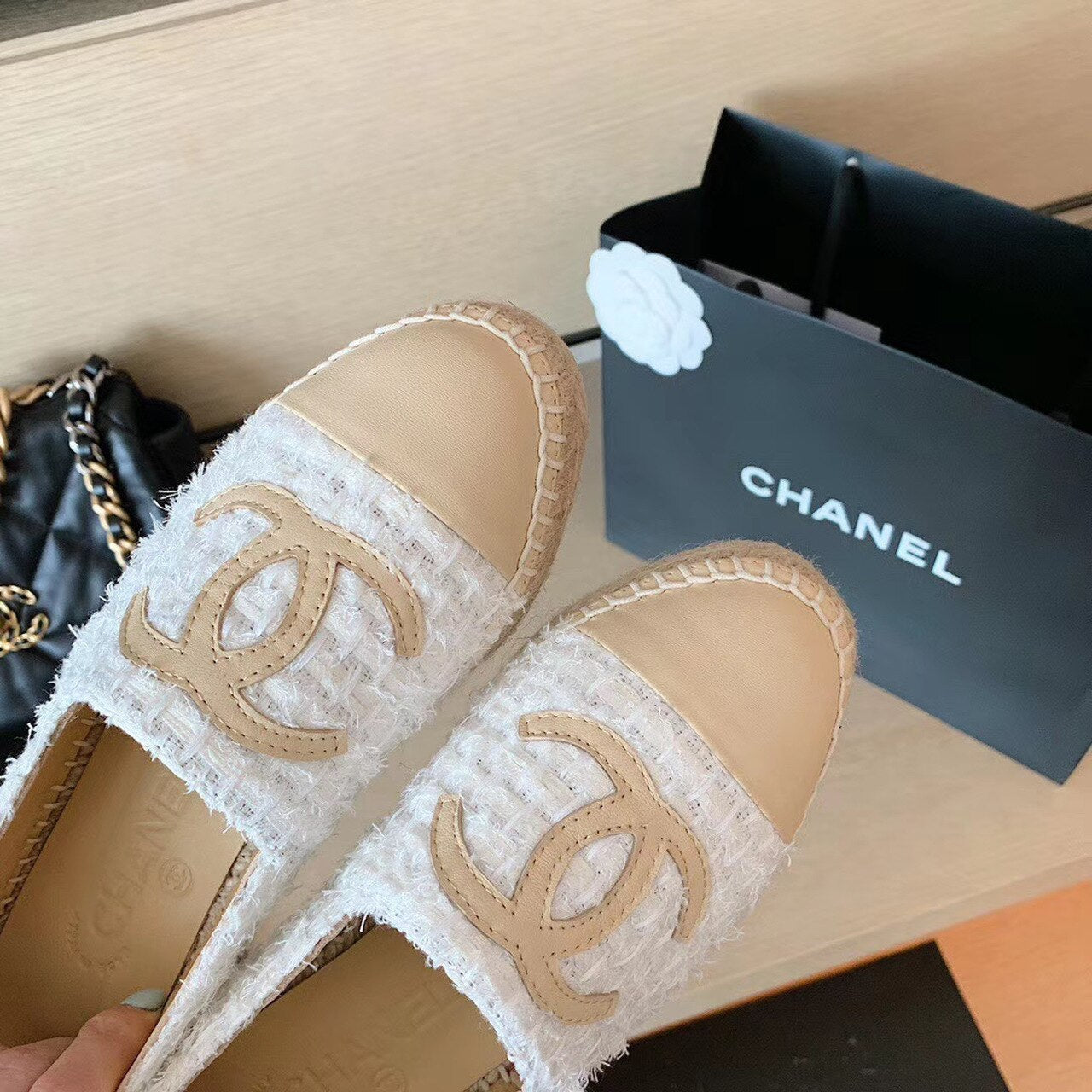 Chanel Tweed Espadrilles Lambskin Leather Spring/Summer Collection White/Beige