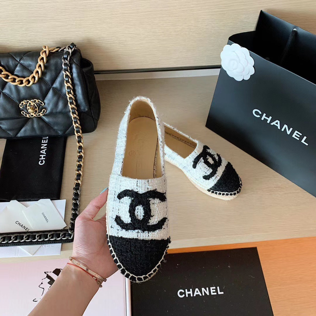 Chanel Tweed Espadrilles Lambskin Leather Spring/Summer Collection White/Black