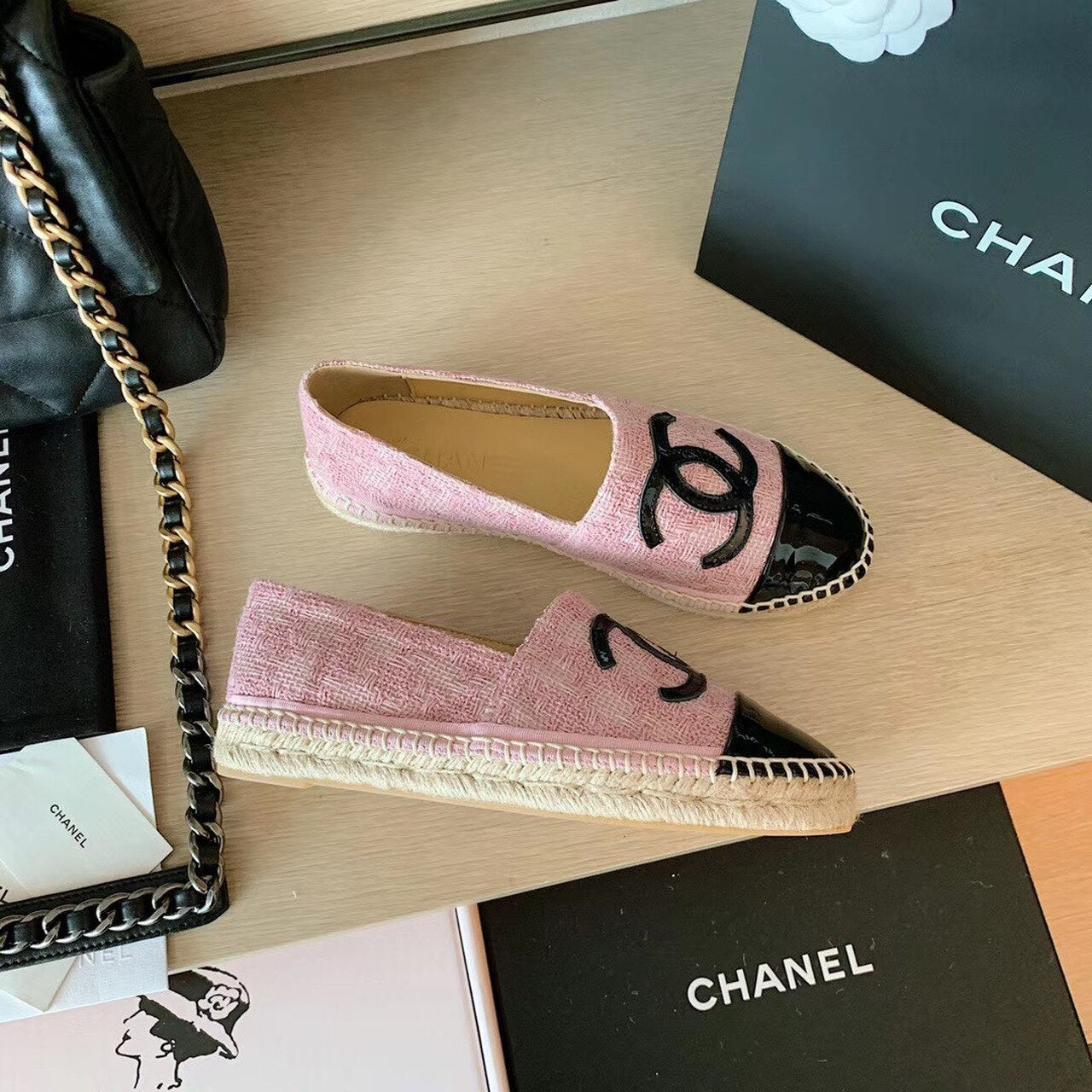 Chanel Tweed Espadrilles Lambskin Leather Spring/Summer Collection Pink/Black