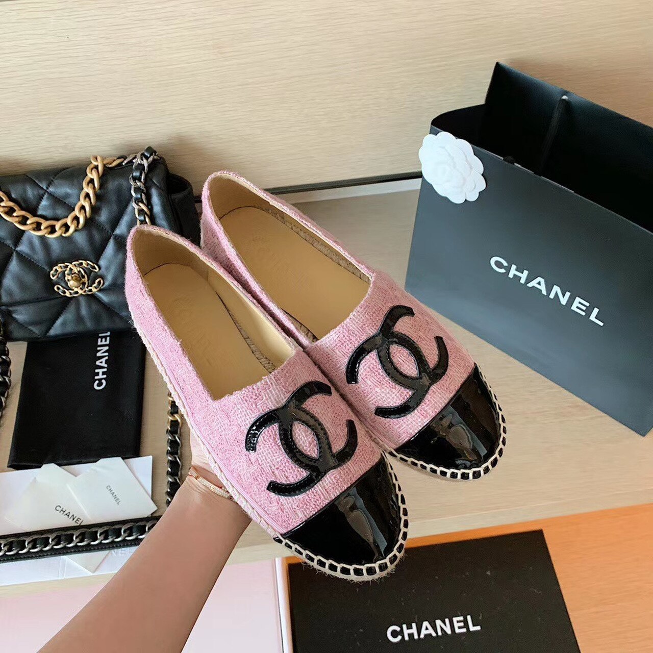 Chanel Tweed Espadrilles Lambskin Leather Spring/Summer Collection Pink/Black
