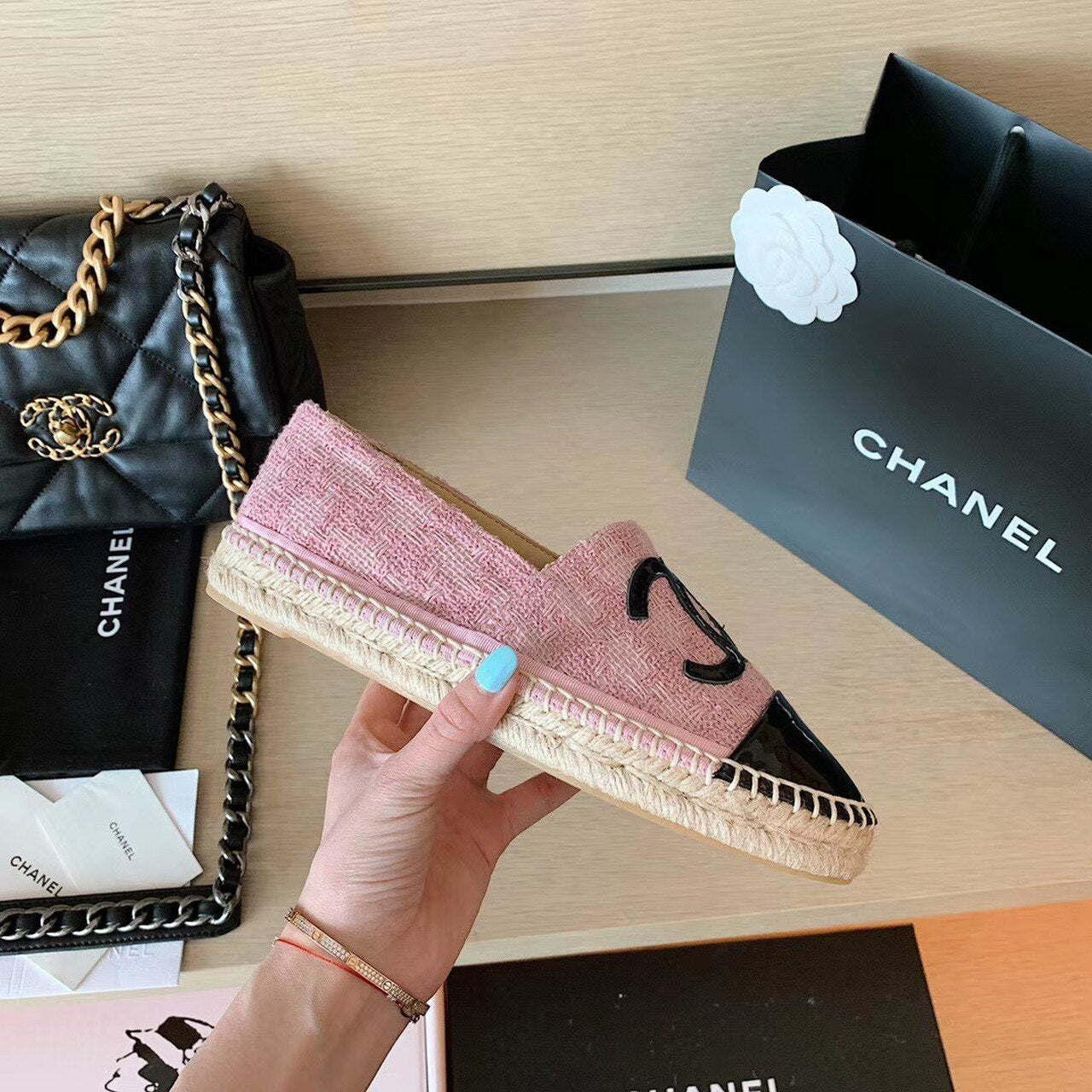 Chanel Tweed Espadrilles Lambskin Leather Spring/Summer Collection Pink/Black