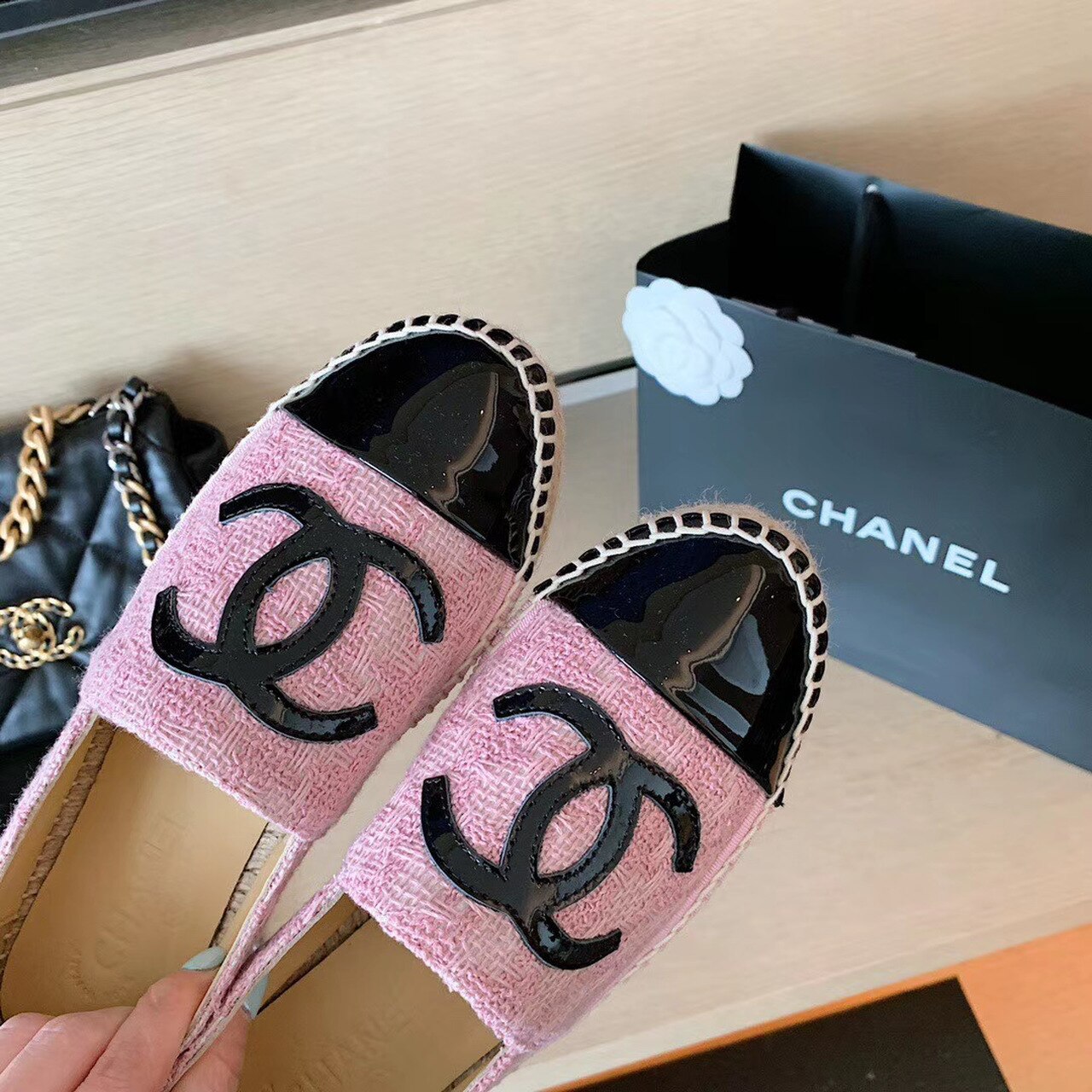 Chanel Tweed Espadrilles Lambskin Leather Spring/Summer Collection Pink/Black