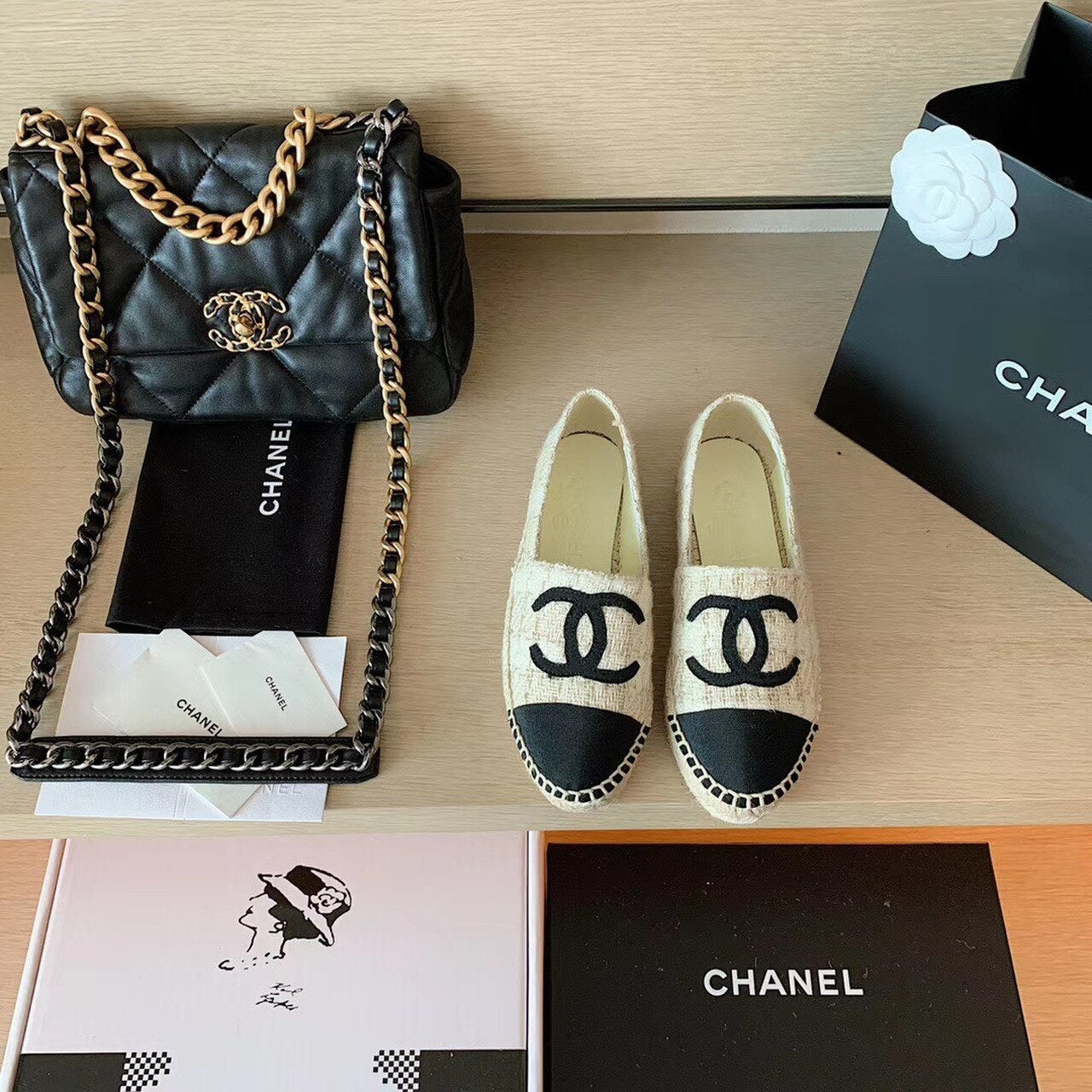Chanel Tweed Espadrilles Lambskin Leather Spring/Summer Collection, Off White/Black