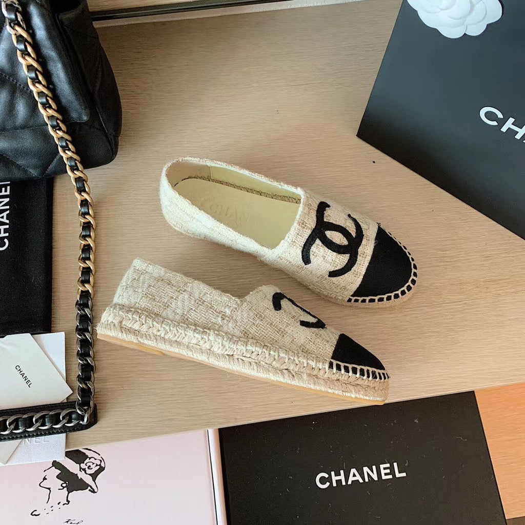 Chanel Tweed Espadrilles Lambskin Leather Spring/Summer Collection, Off White/Black