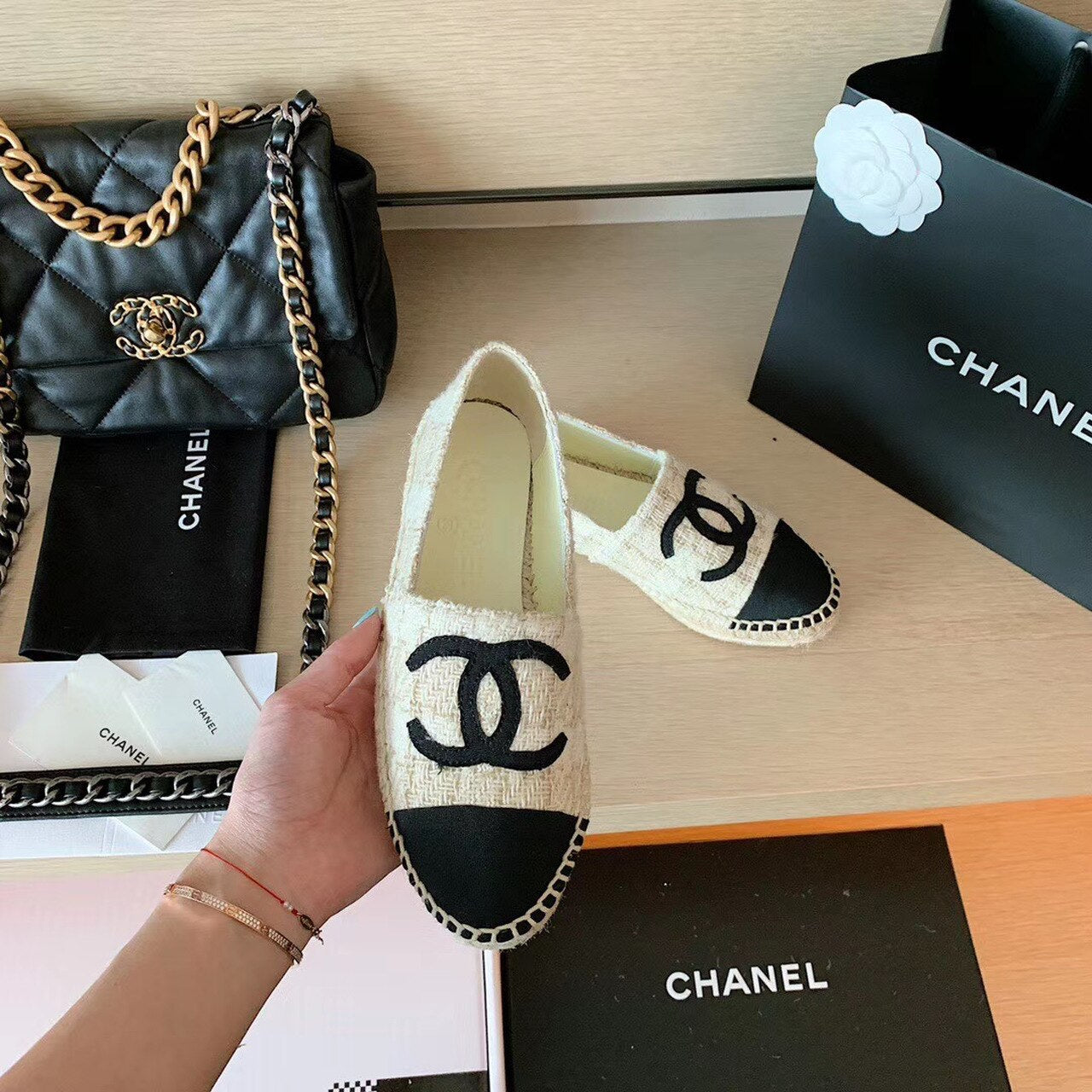 Chanel Tweed Espadrilles Lambskin Leather Spring/Summer Collection, Off White/Black