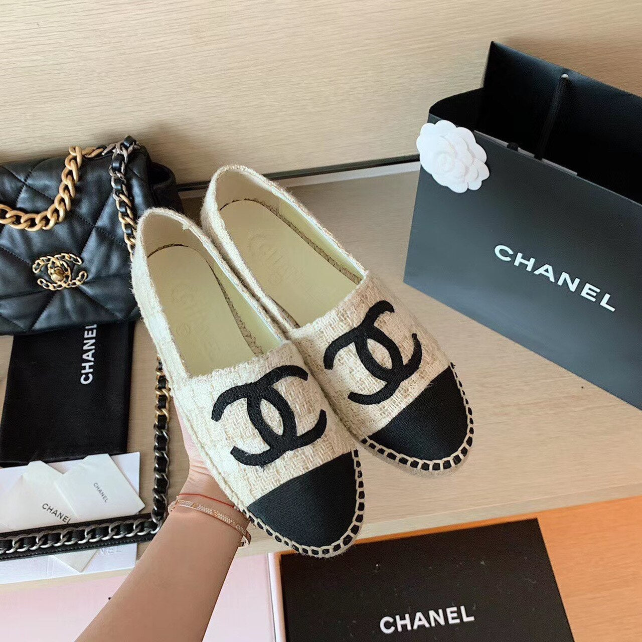 Chanel Tweed Espadrilles Lambskin Leather Spring/Summer Collection, Off White/Black