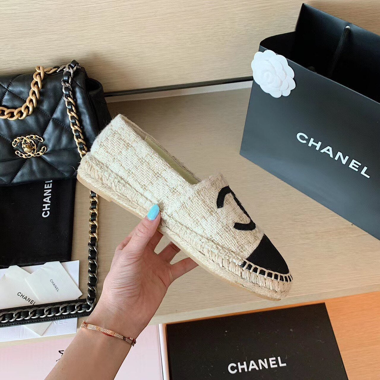 Chanel Tweed Espadrilles Lambskin Leather Spring/Summer Collection, Off White/Black