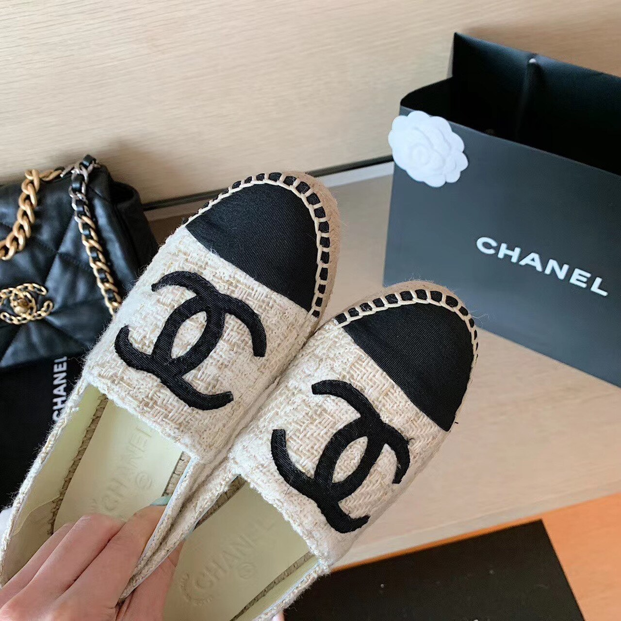Chanel Tweed Espadrilles Lambskin Leather Spring/Summer Collection, Off White/Black