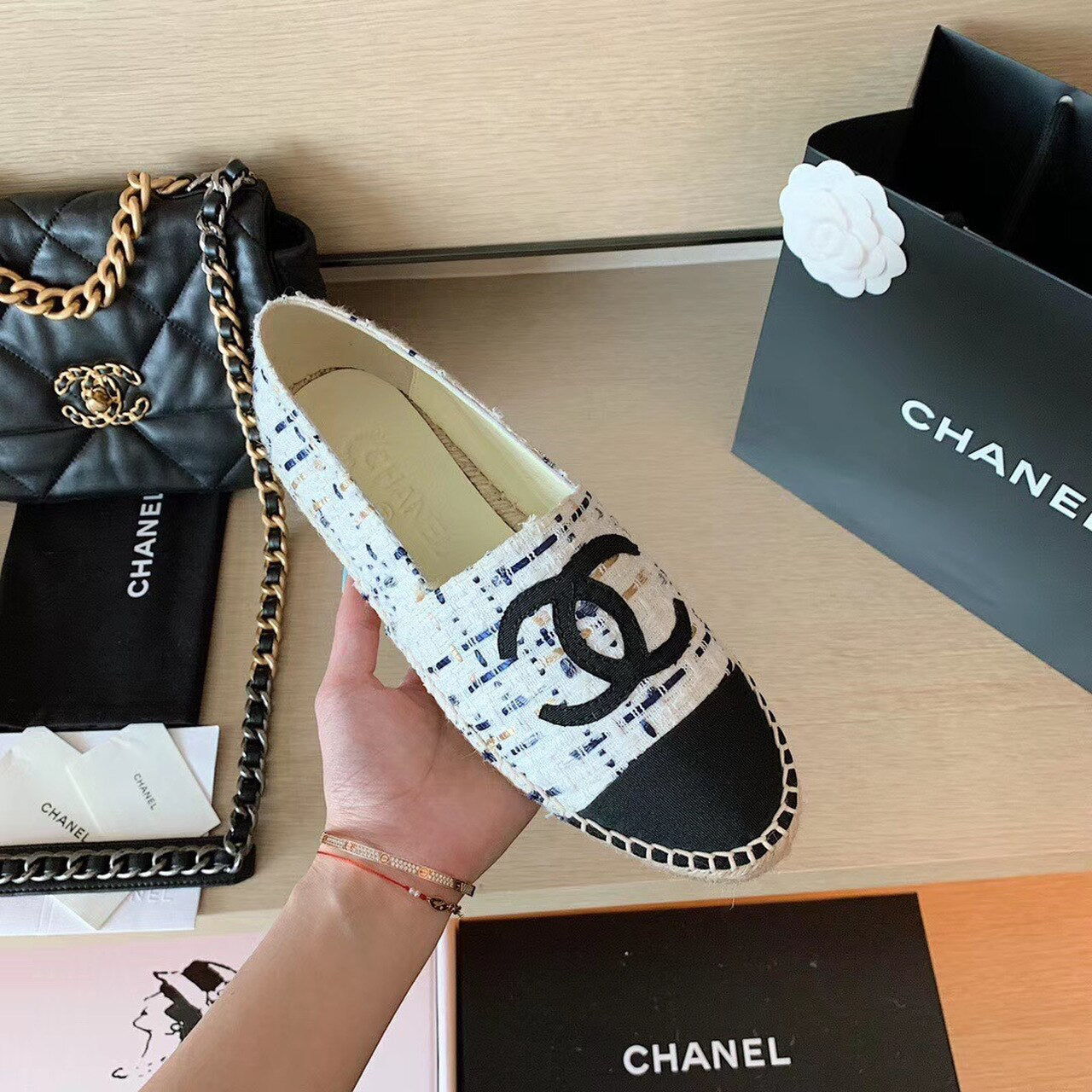 Chanel Tweed Espadrilles Lambskin Leather Spring/Summer Collection, White/Blue/Black