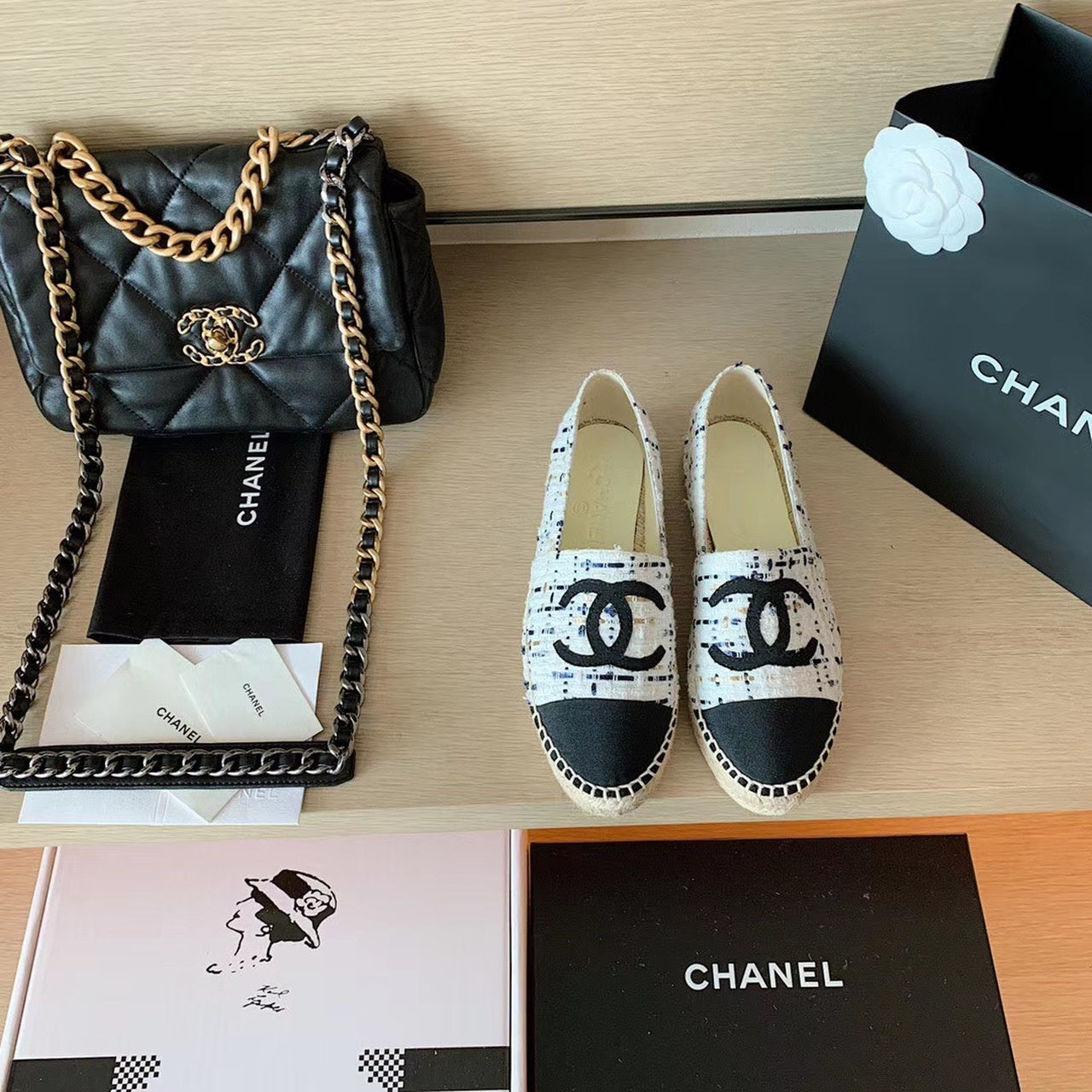 Chanel Tweed Espadrilles Lambskin Leather Spring/Summer Collection, White/Blue/Black