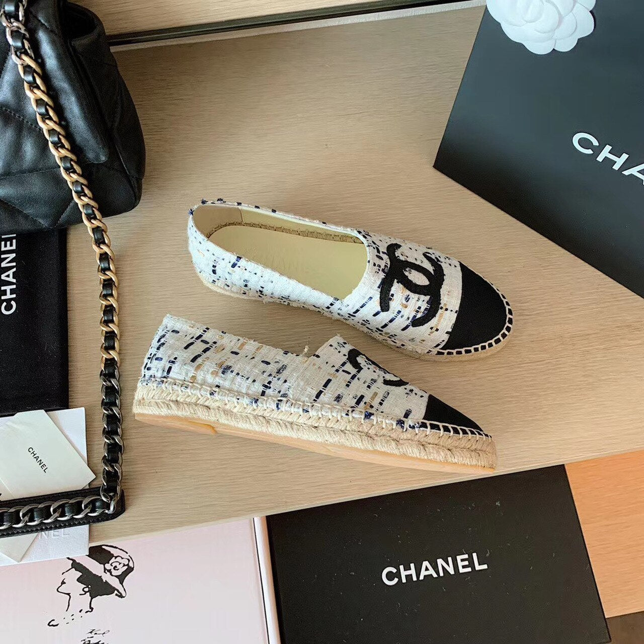 Chanel Tweed Espadrilles Lambskin Leather Spring/Summer Collection, White/Blue/Black