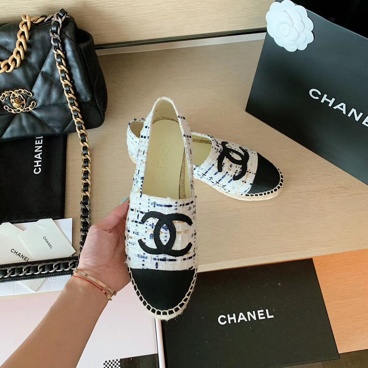 Chanel Tweed Espadrilles Lambskin Leather Spring/Summer Collection, White/Blue/Black