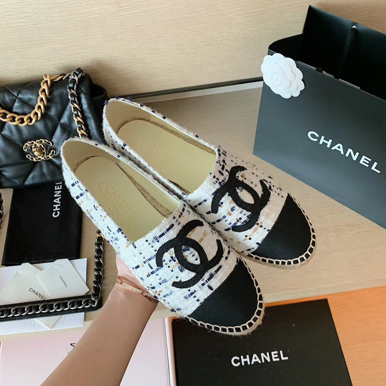 Chanel Tweed Espadrilles Lambskin Leather Spring/Summer Collection, White/Blue/Black