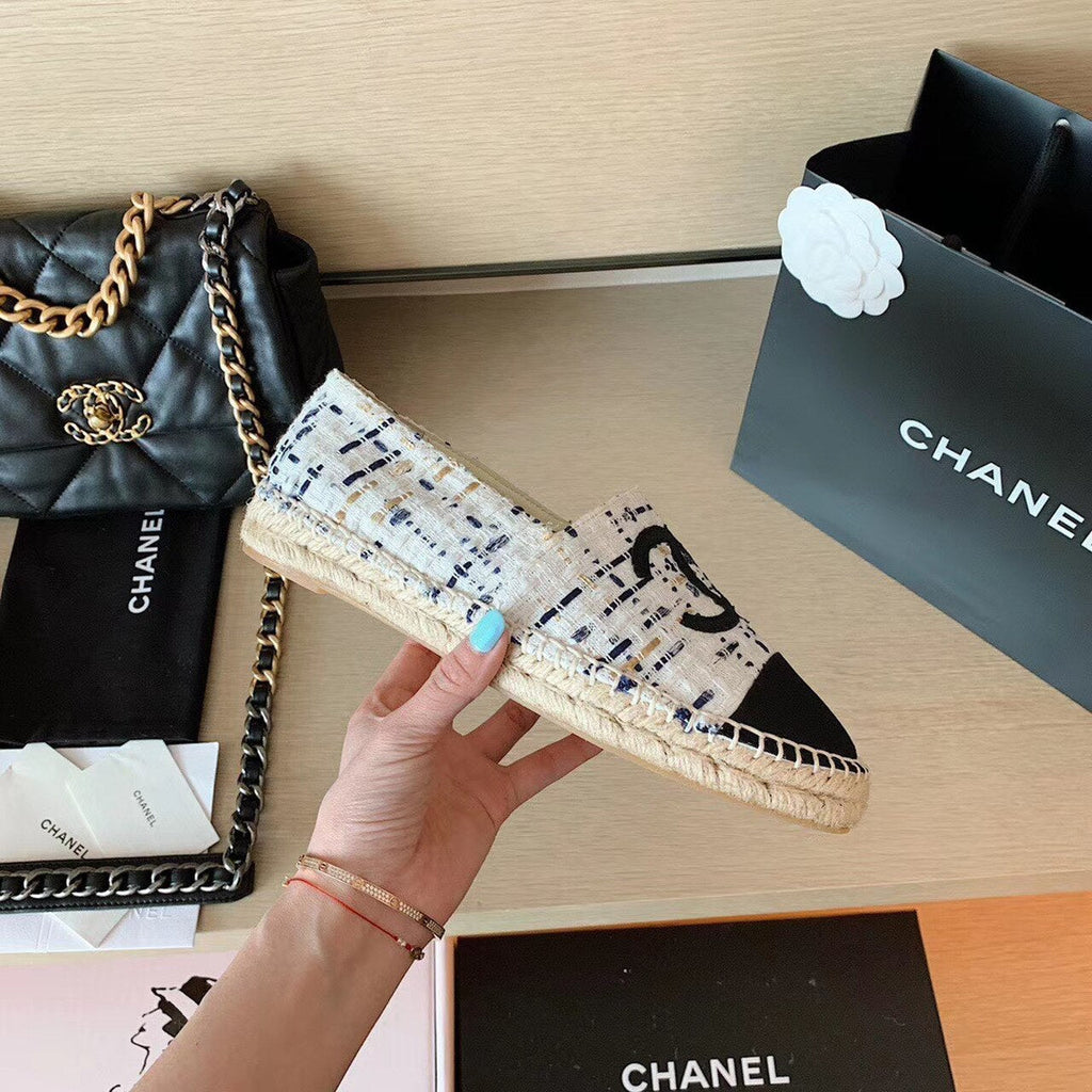 Chanel Tweed Espadrilles Lambskin Leather Spring/Summer Collection, White/Blue/Black