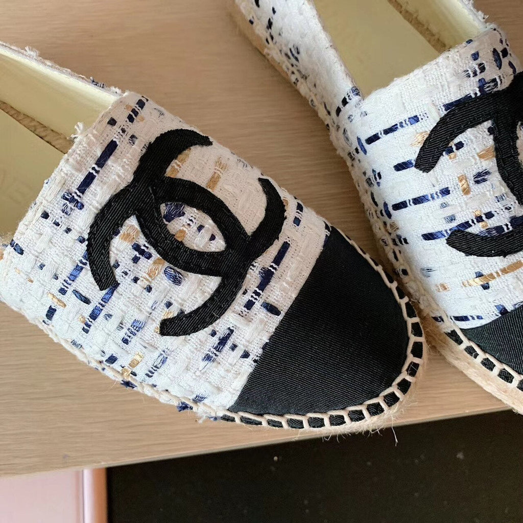 Chanel Tweed Espadrilles Lambskin Leather Spring/Summer Collection, White/Blue/Black