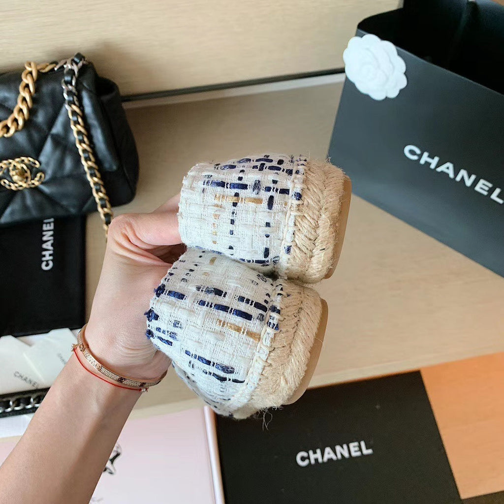 Chanel Tweed Espadrilles Lambskin Leather Spring/Summer Collection, White/Blue/Black
