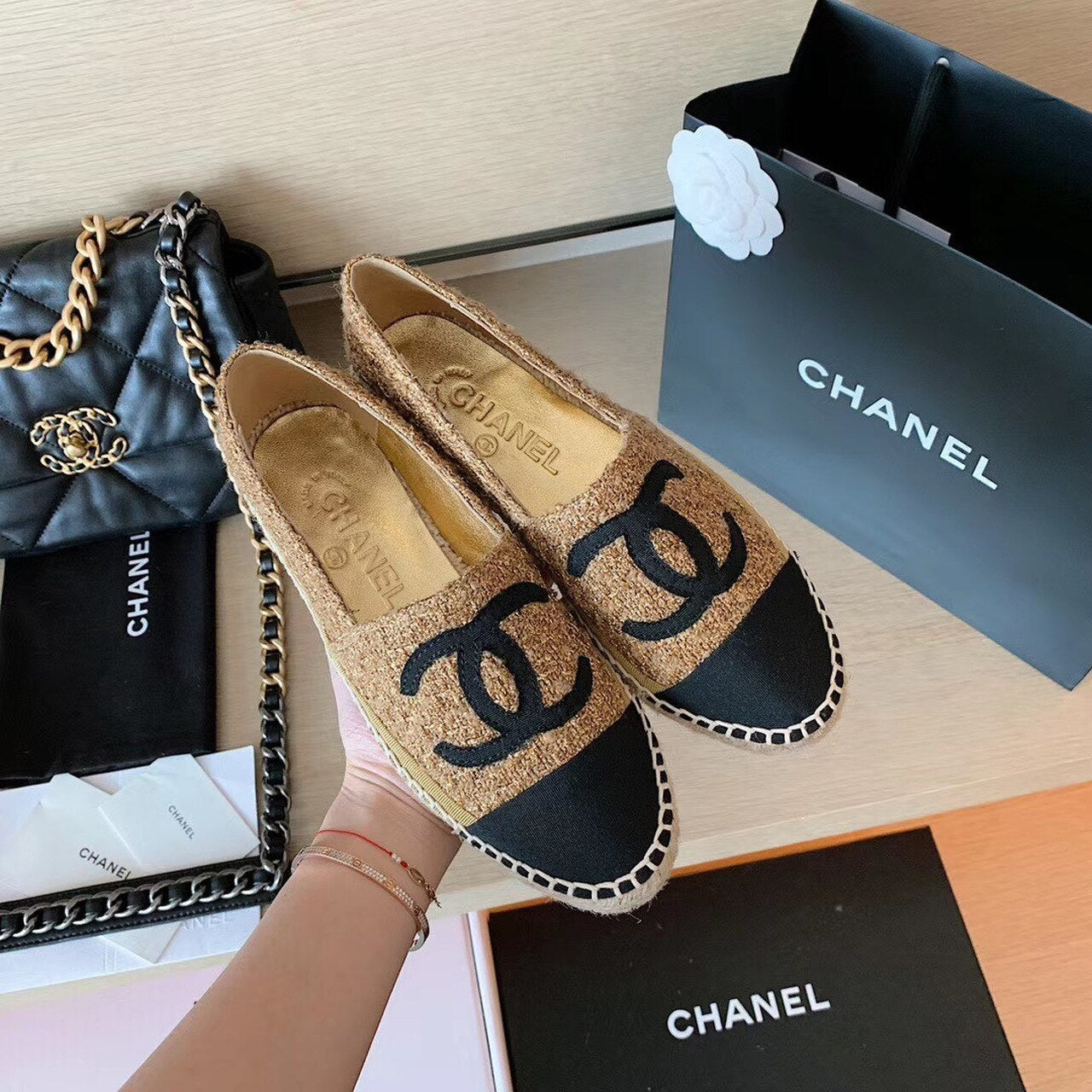 Chanel Tweed Espadrilles Lambskin Leather Spring/Summer Collection Metallic Gold/Black