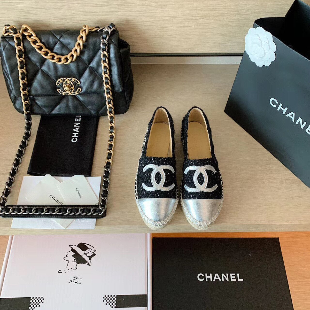 Chanel Tweed Espadrilles Lambskin Leather Spring/Summer Collection Black/Silver