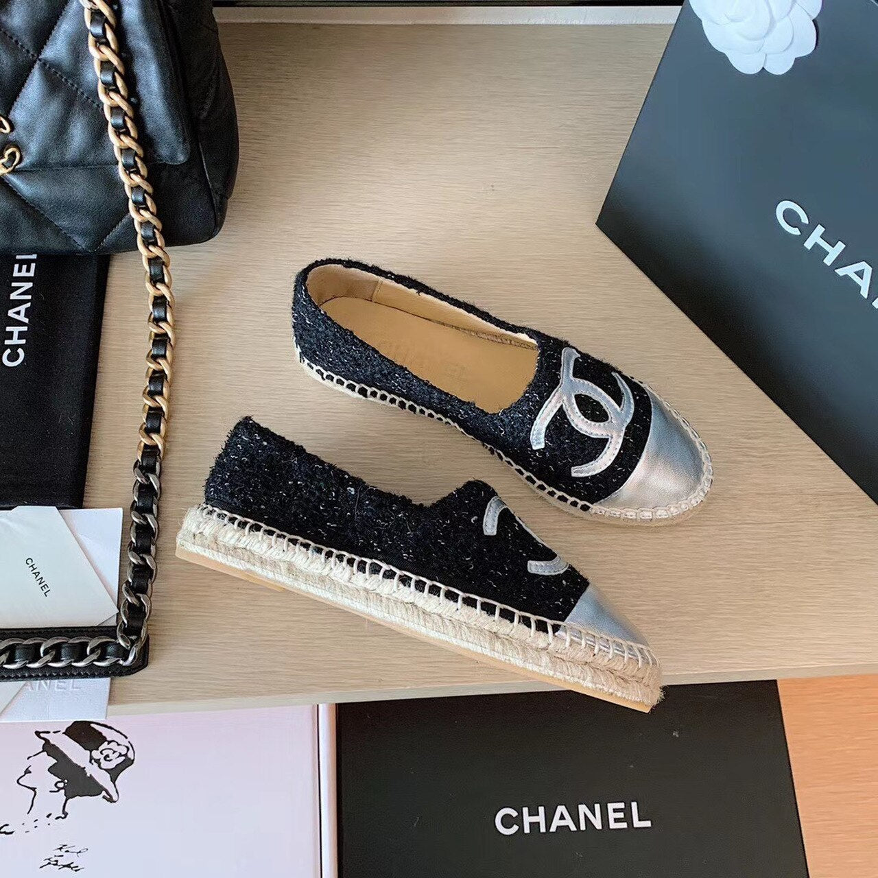 Chanel Tweed Espadrilles Lambskin Leather Spring/Summer Collection Black/Silver