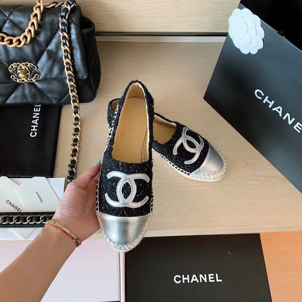 Chanel Tweed Espadrilles Lambskin Leather Spring/Summer Collection Black/Silver