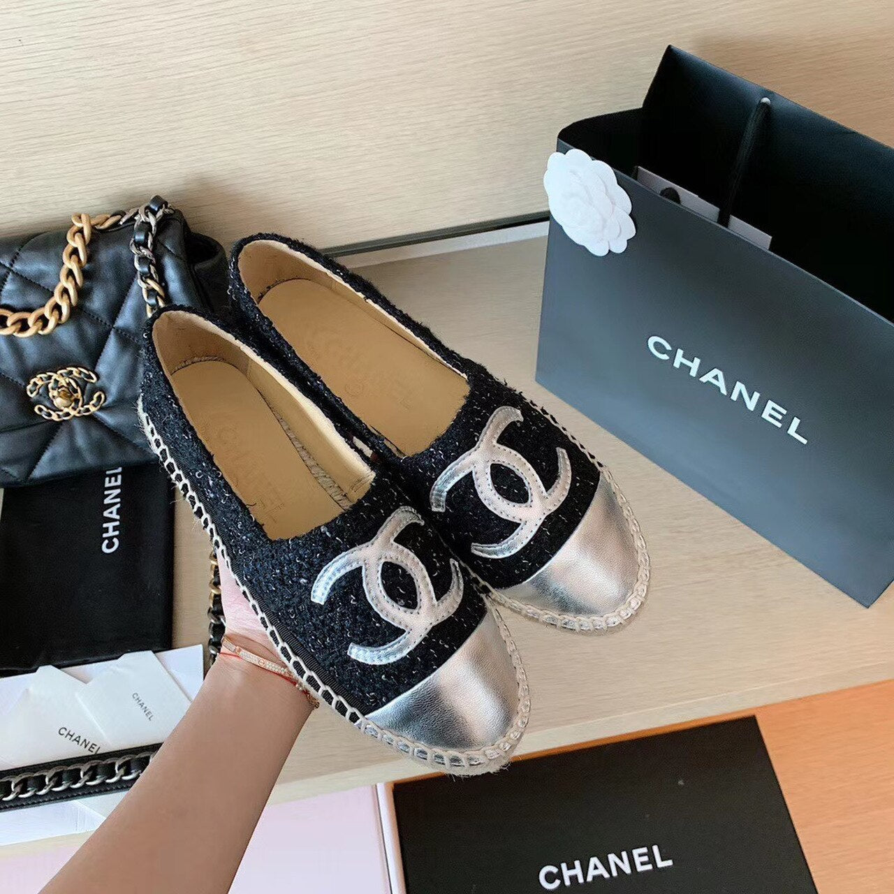 Chanel Tweed Espadrilles Lambskin Leather Spring/Summer Collection Black/Silver
