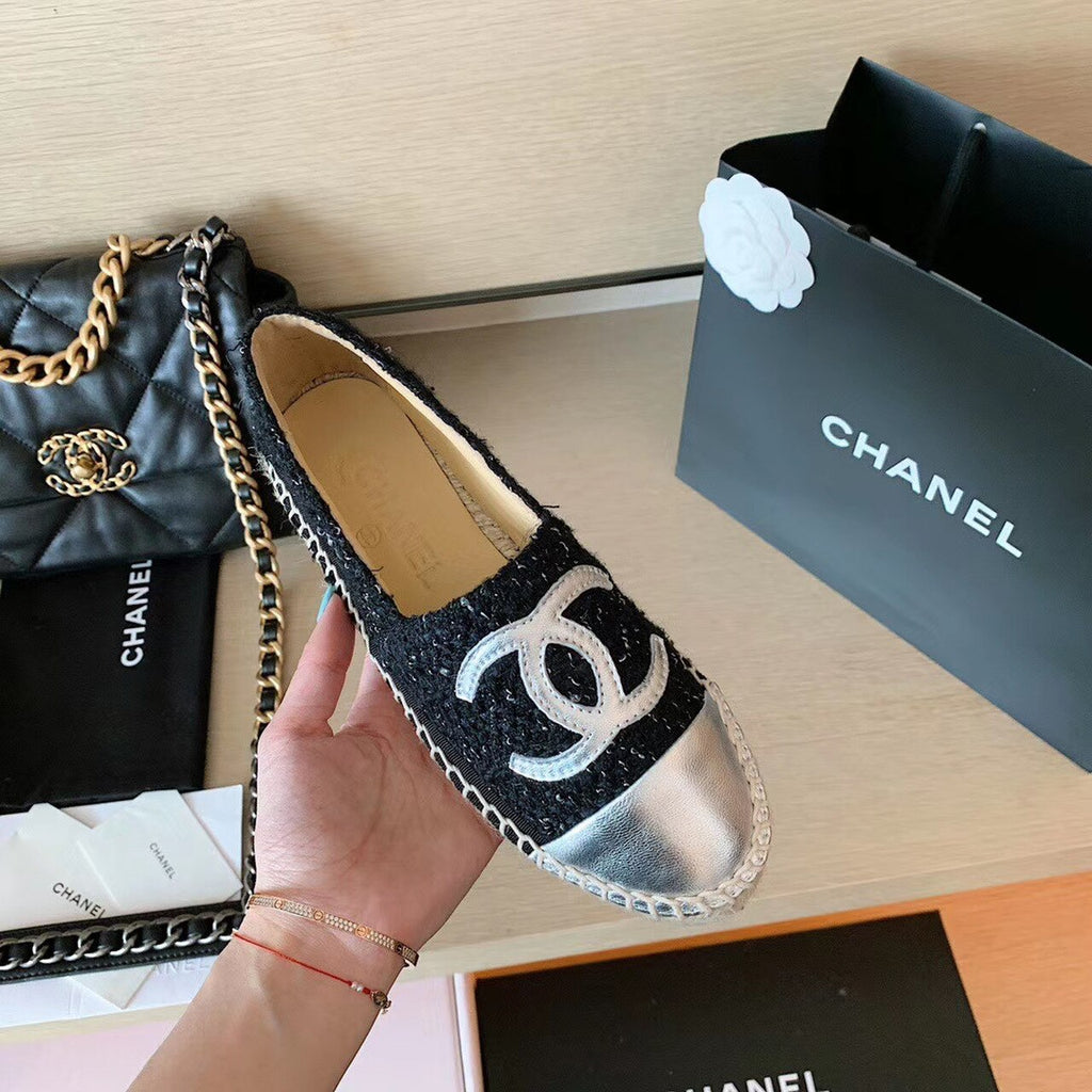 Chanel Tweed Espadrilles Lambskin Leather Spring/Summer Collection Black/Silver