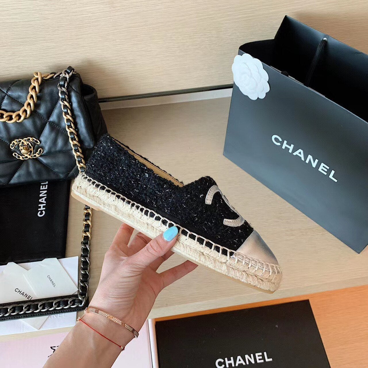 Chanel Tweed Espadrilles Lambskin Leather Spring/Summer Collection Black/Silver