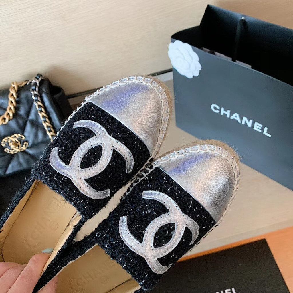 Chanel Tweed Espadrilles Lambskin Leather Spring/Summer Collection Black/Silver