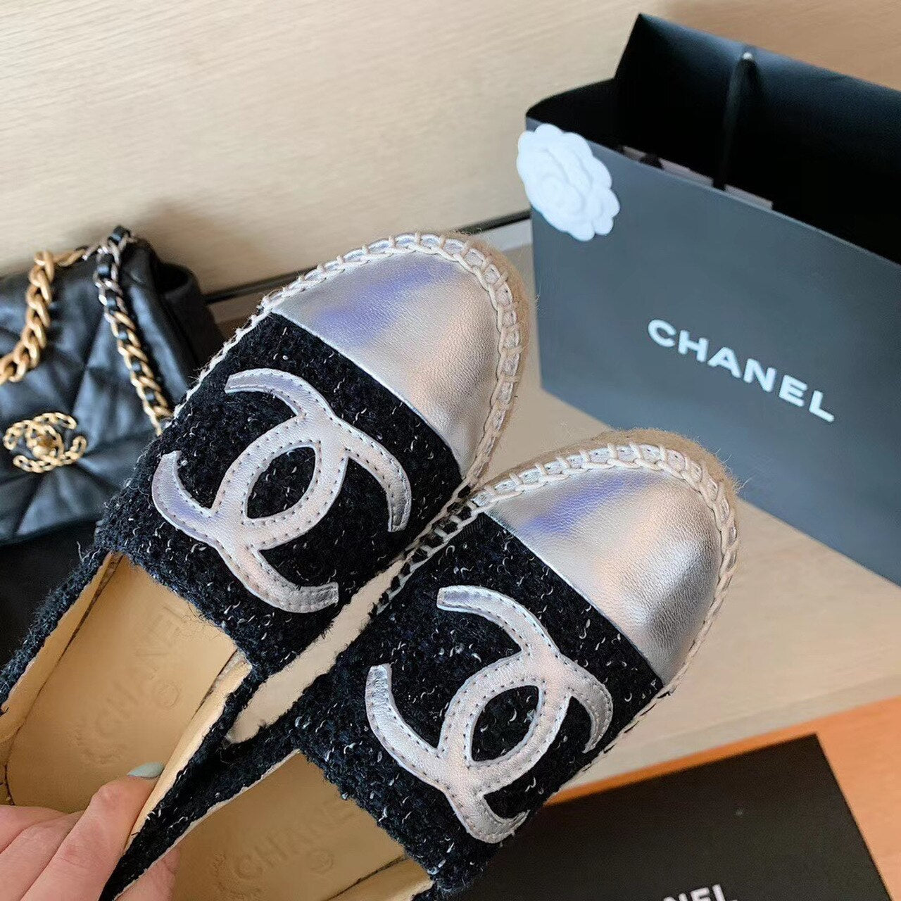 Chanel Tweed Espadrilles Lambskin Leather Spring/Summer Collection Black/Silver