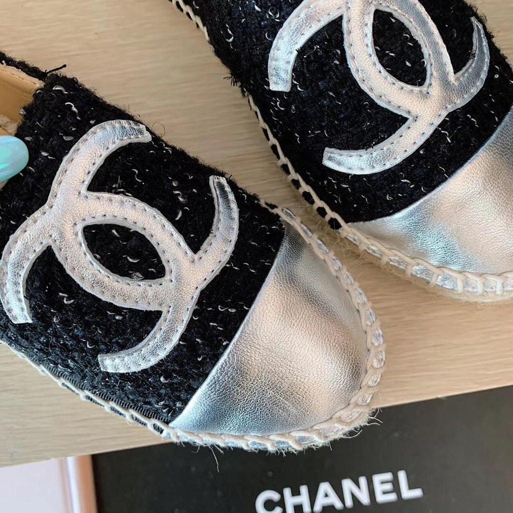 Chanel Tweed Espadrilles Lambskin Leather Spring/Summer Collection Black/Silver