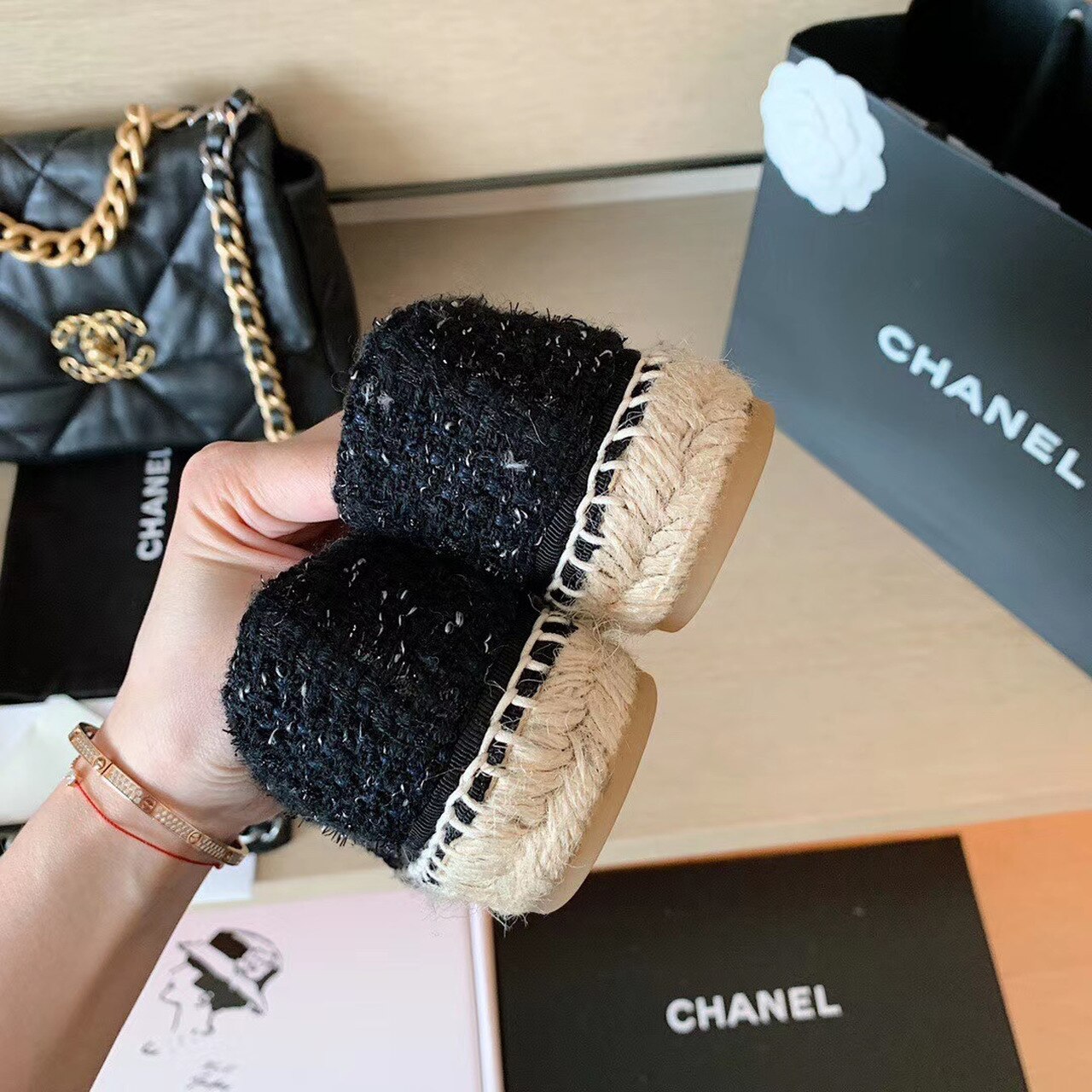 Chanel Tweed Espadrilles Lambskin Leather Spring/Summer Collection Black/Silver