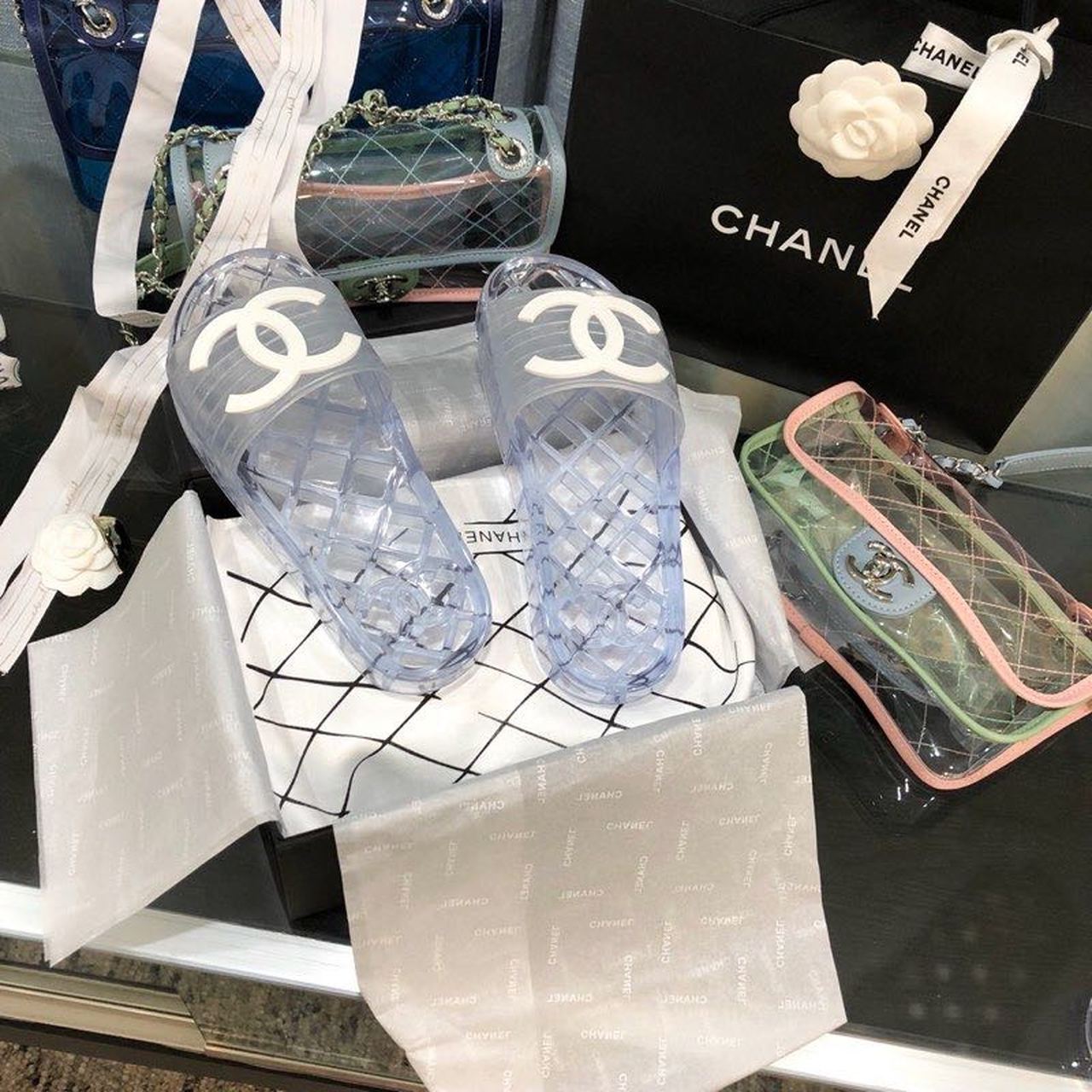 Chanel Glossy Transparent CC Logo PVC Pool Mules/Slides Spring/Summer Collection Clear