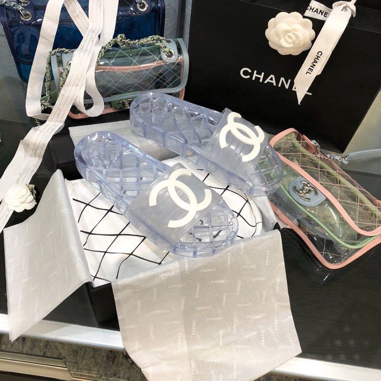 Chanel Glossy Transparent CC Logo PVC Pool Mules/Slides Spring/Summer Collection Clear