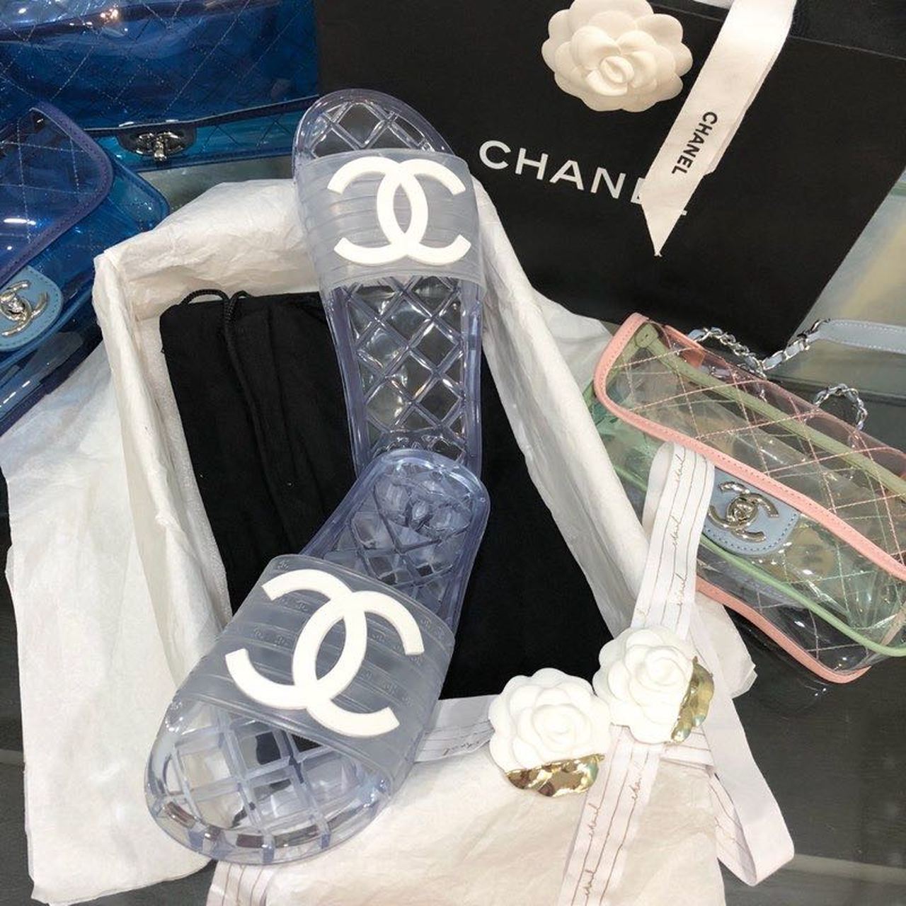 Chanel Glossy Transparent CC Logo PVC Pool Mules/Slides Spring/Summer Collection Clear
