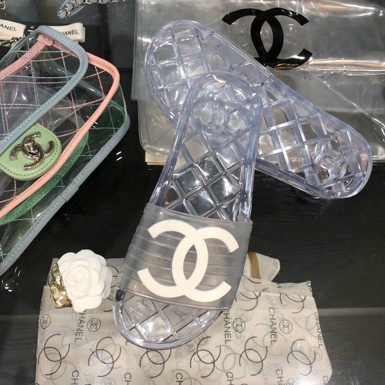 Chanel Glossy Transparent CC Logo PVC Pool Mules/Slides Spring/Summer Collection Clear