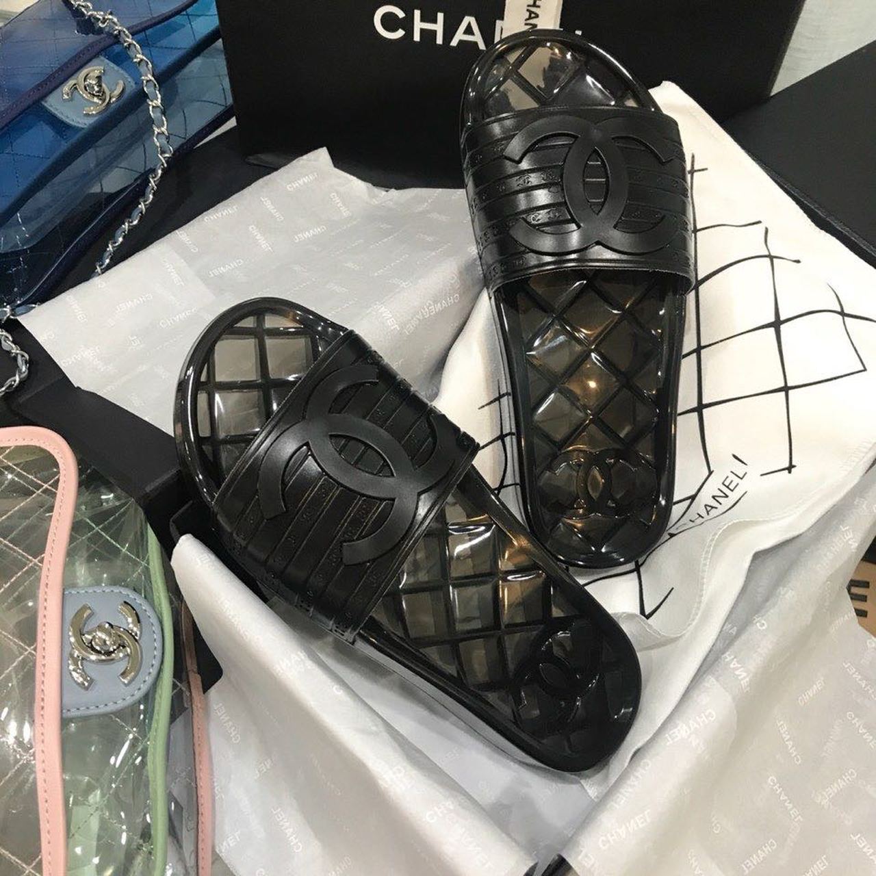 Chanel Glossy Transparent CC Logo PVC Pool Mules/Slides Spring/Summer Collection, Black