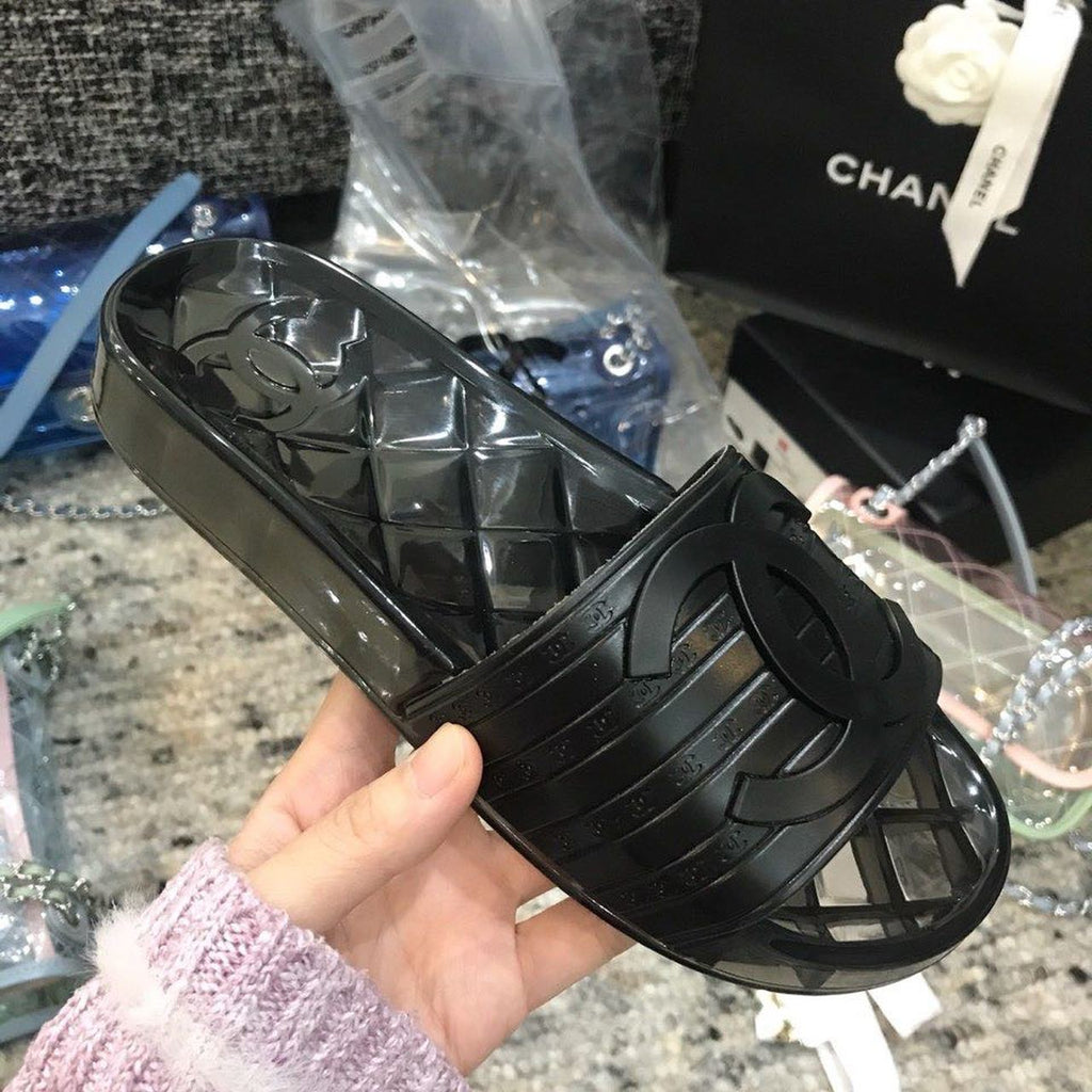 Chanel Glossy Transparent CC Logo PVC Pool Mules/Slides Spring/Summer Collection, Black