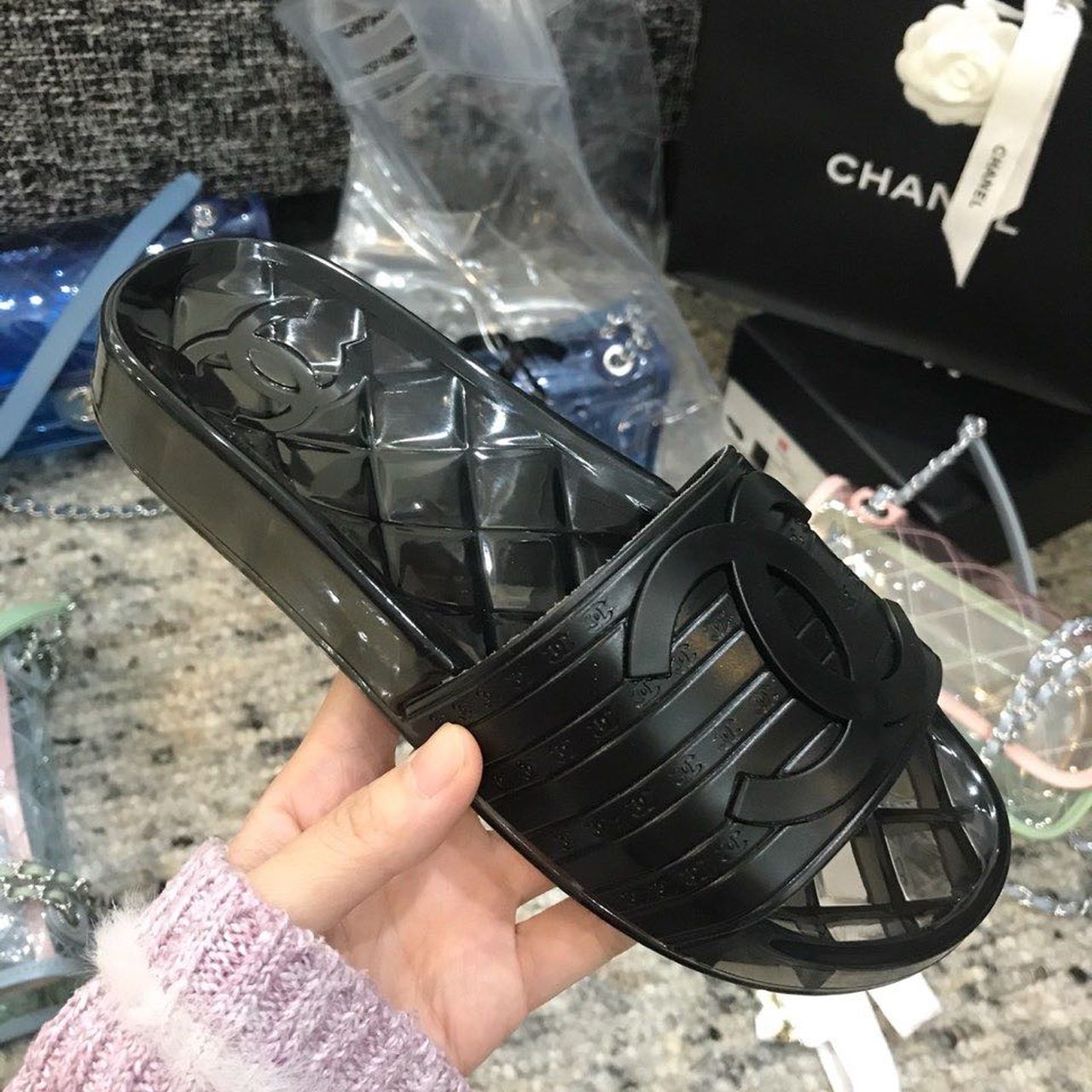 Chanel Glossy Transparent CC Logo PVC Pool Mules/Slides Spring/Summer Collection, Black