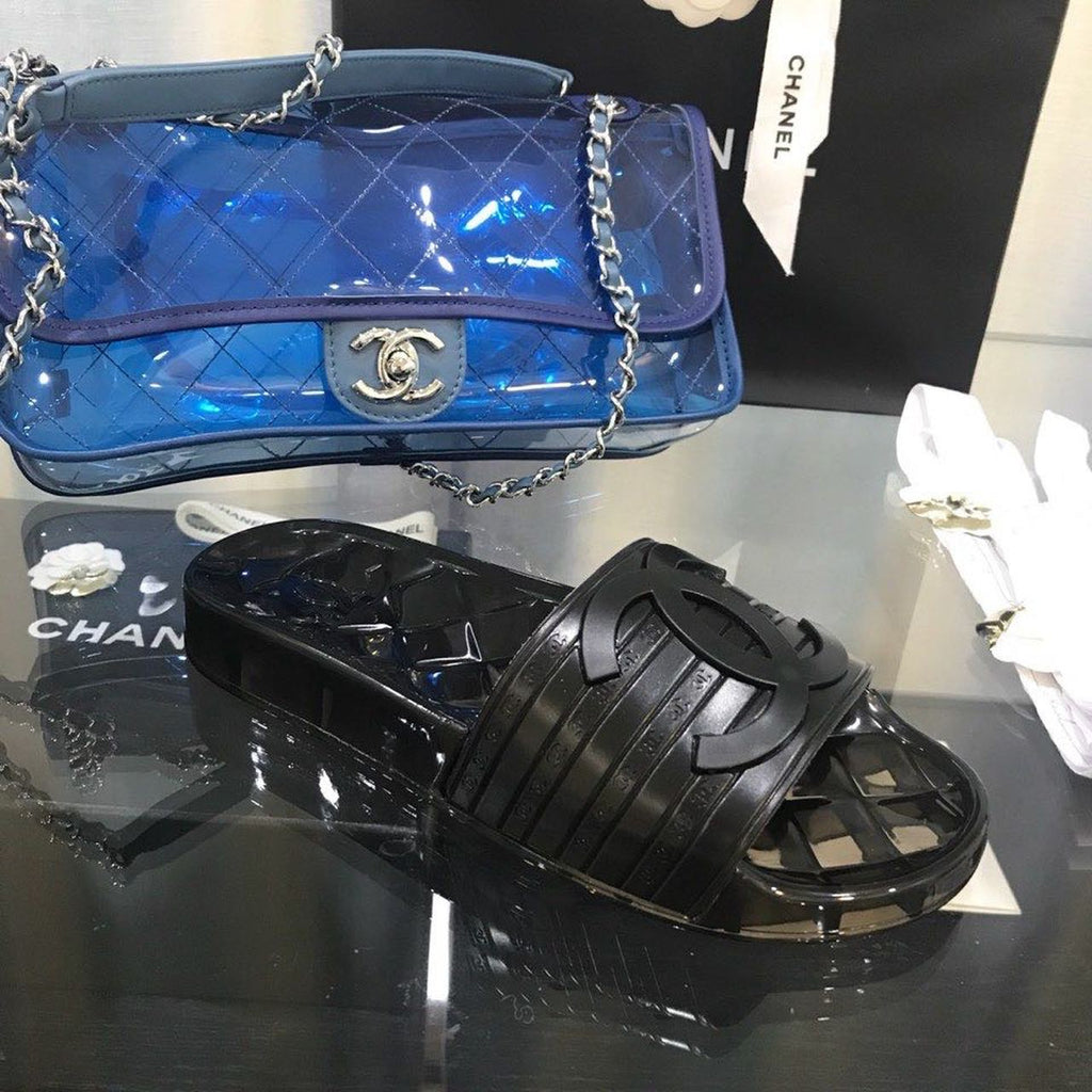 Chanel Glossy Transparent CC Logo PVC Pool Mules/Slides Spring/Summer Collection, Black