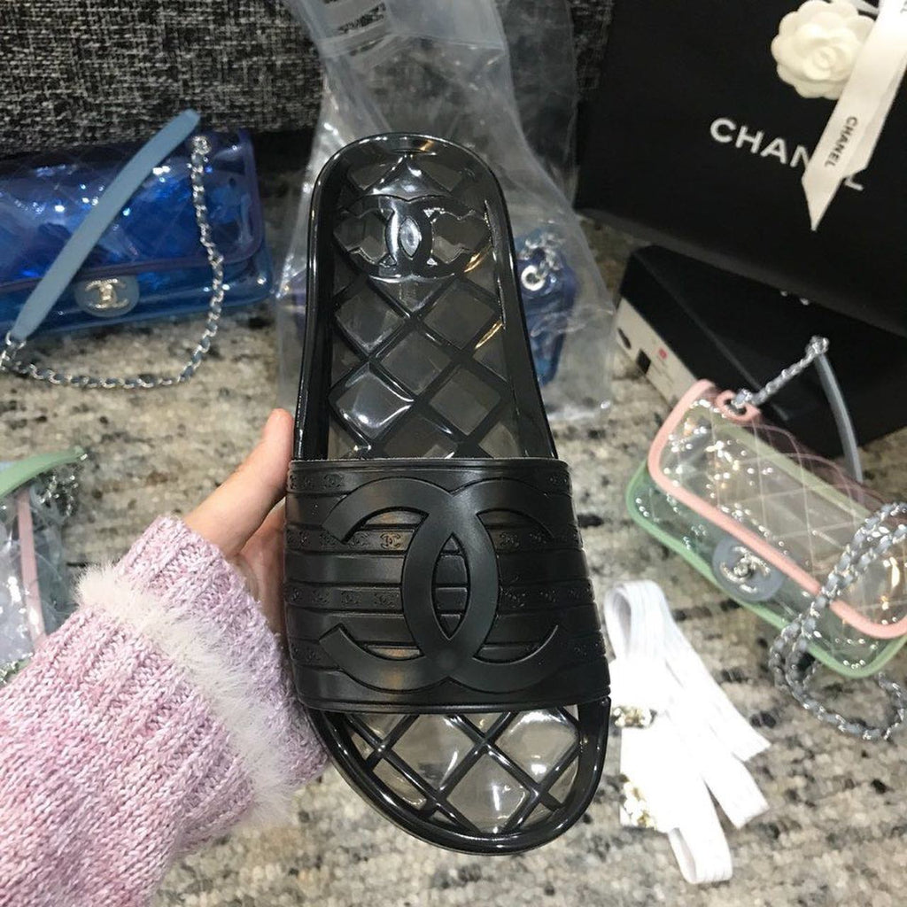 Chanel Glossy Transparent CC Logo PVC Pool Mules/Slides Spring/Summer Collection, Black