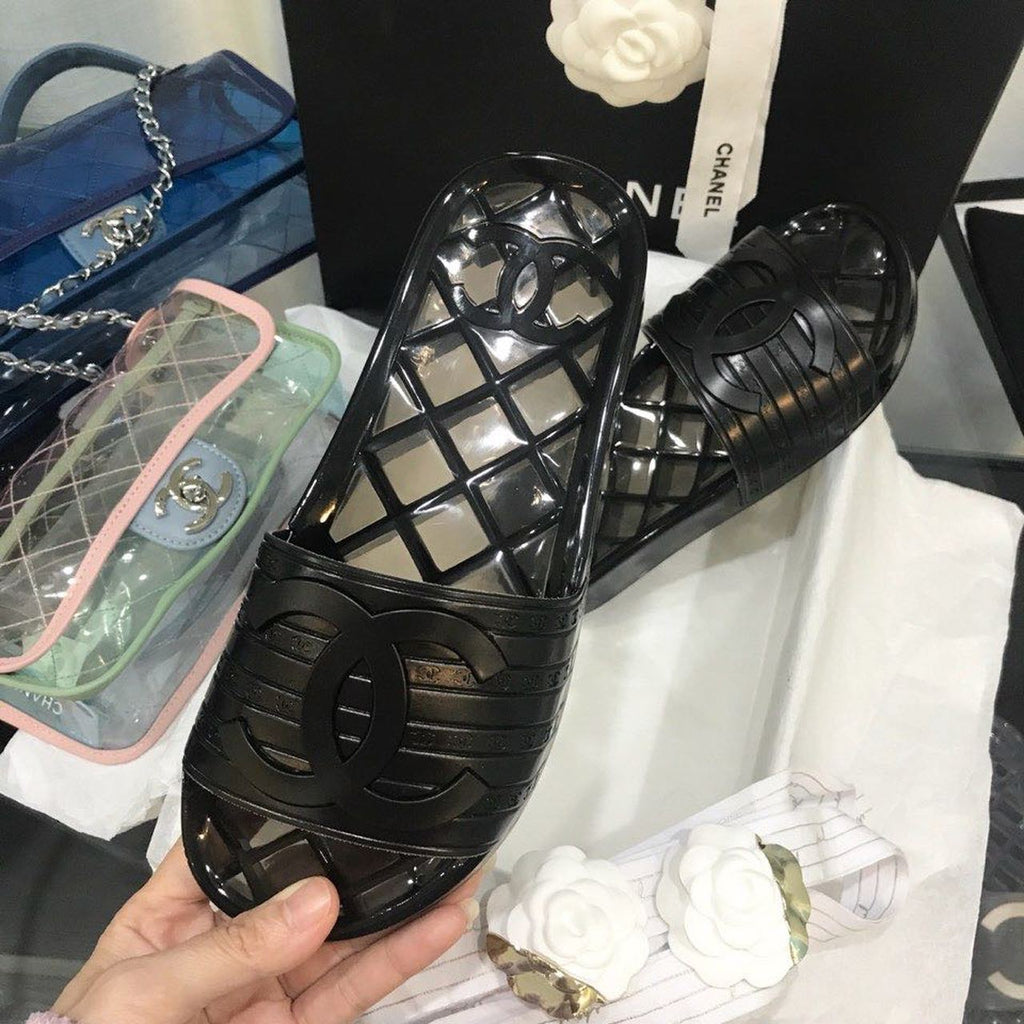 Chanel Glossy Transparent CC Logo PVC Pool Mules/Slides Spring/Summer Collection, Black