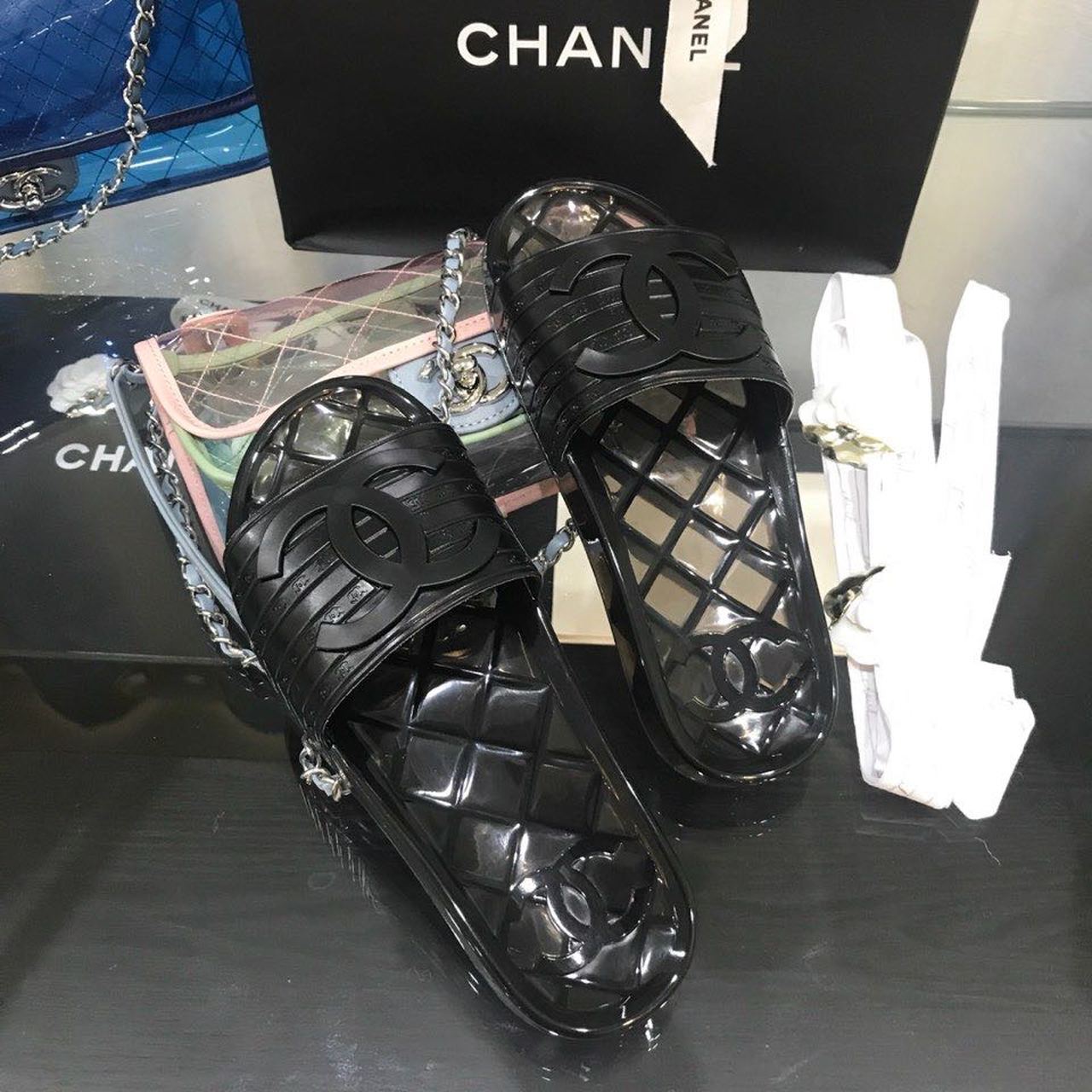 Chanel Glossy Transparent CC Logo PVC Pool Mules/Slides Spring/Summer Collection, Black