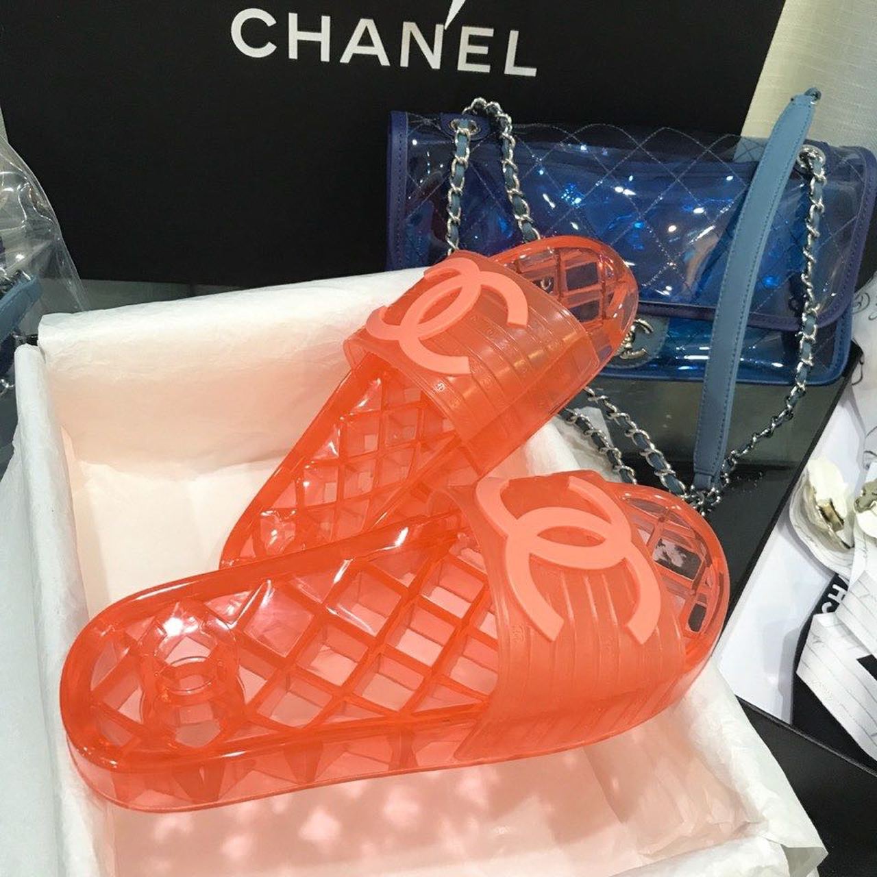 Chanel Glossy Transparent CC Logo PVC Pool Mules/Slides Spring/Summer Collection, Red